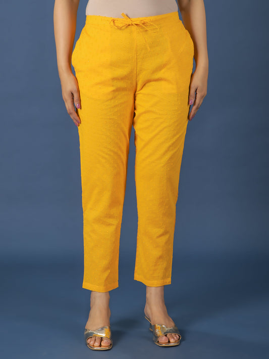 Textured Cotton Solid Yellow Tapered Trousers