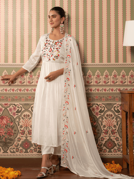 Embroidered Georgette Solid White Dupatta