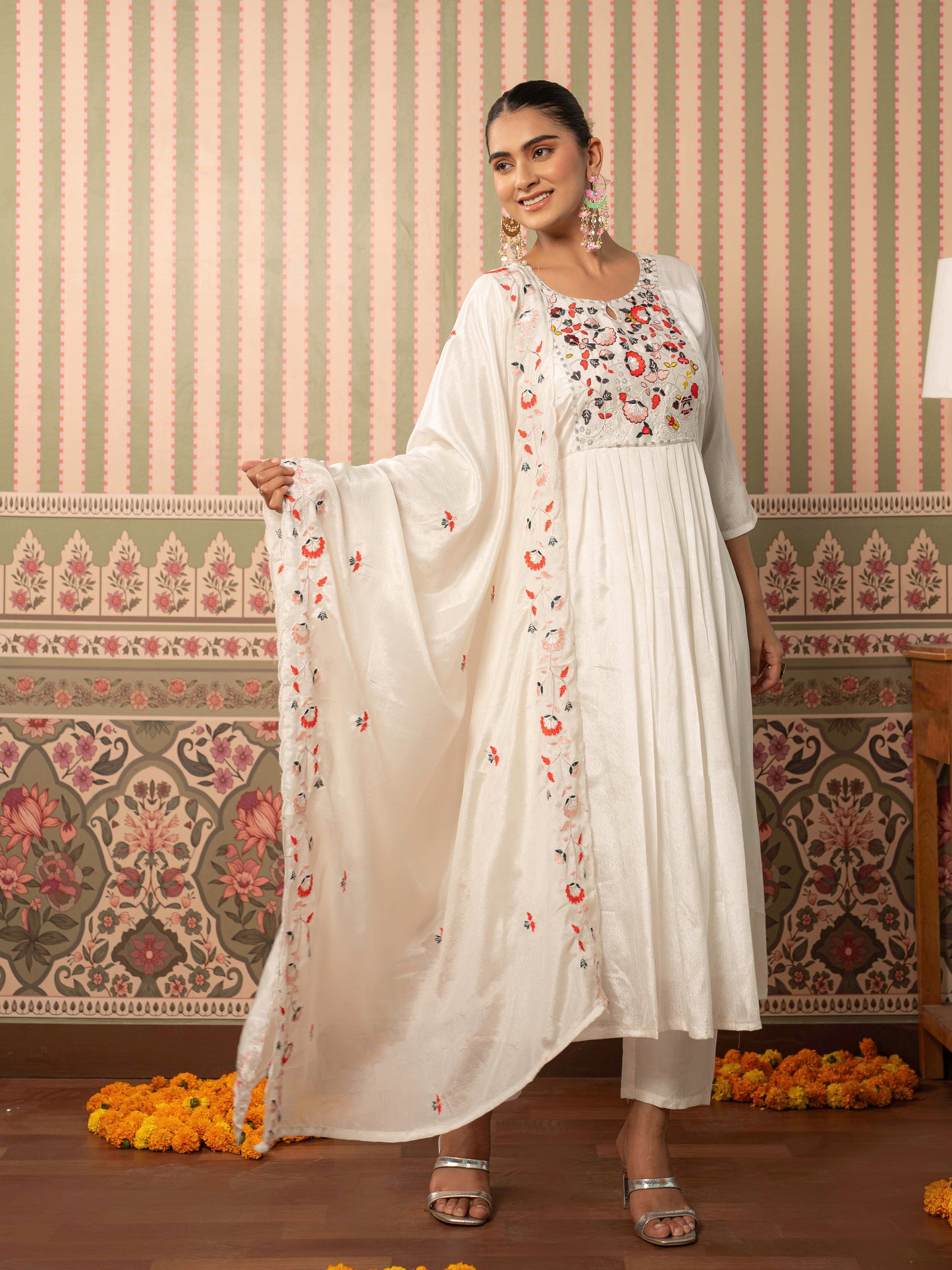 Embroidered Blended Silk Solid Flared White Kurta