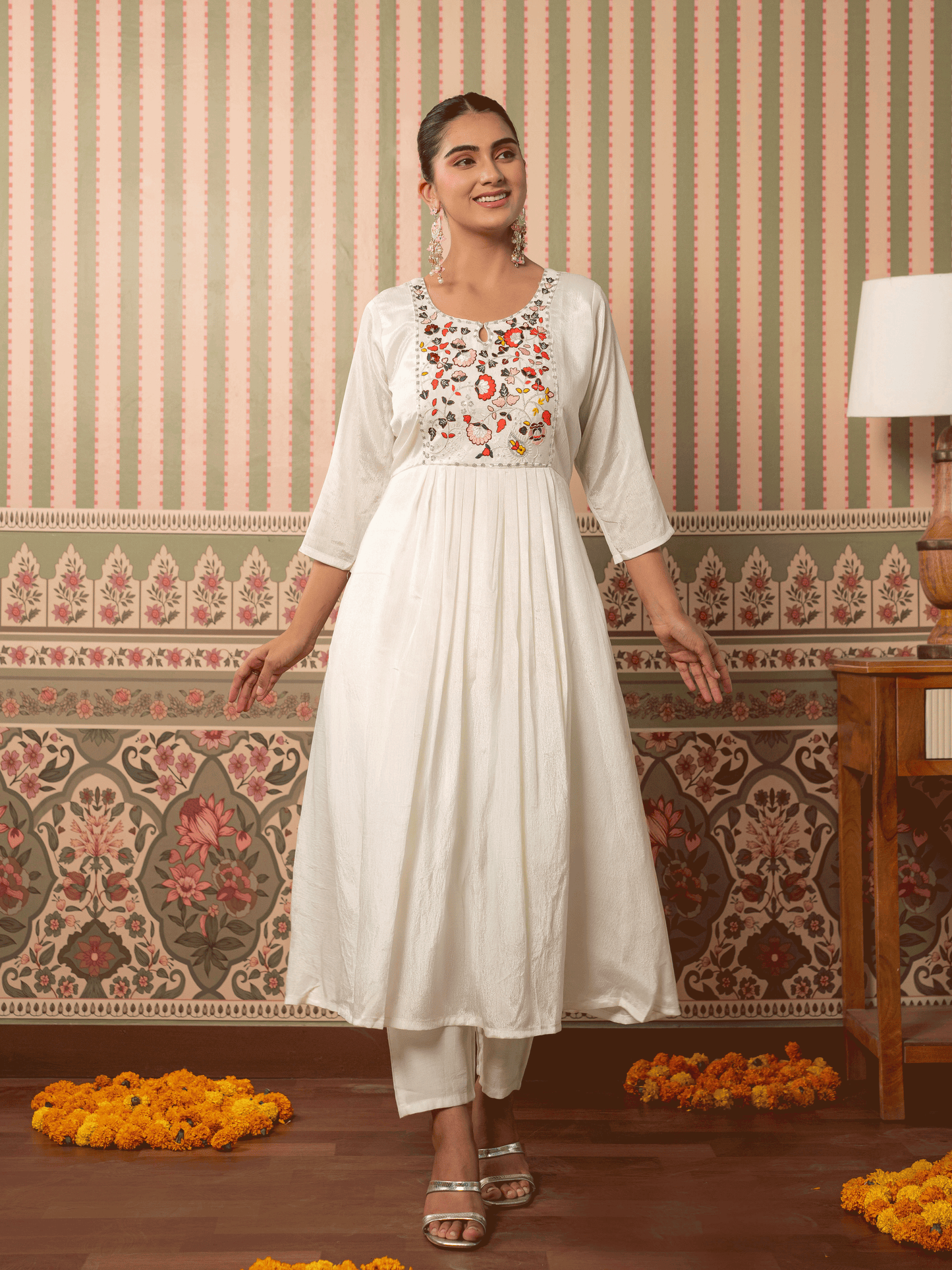 Embroidered Blended Silk Solid Flared White Kurta