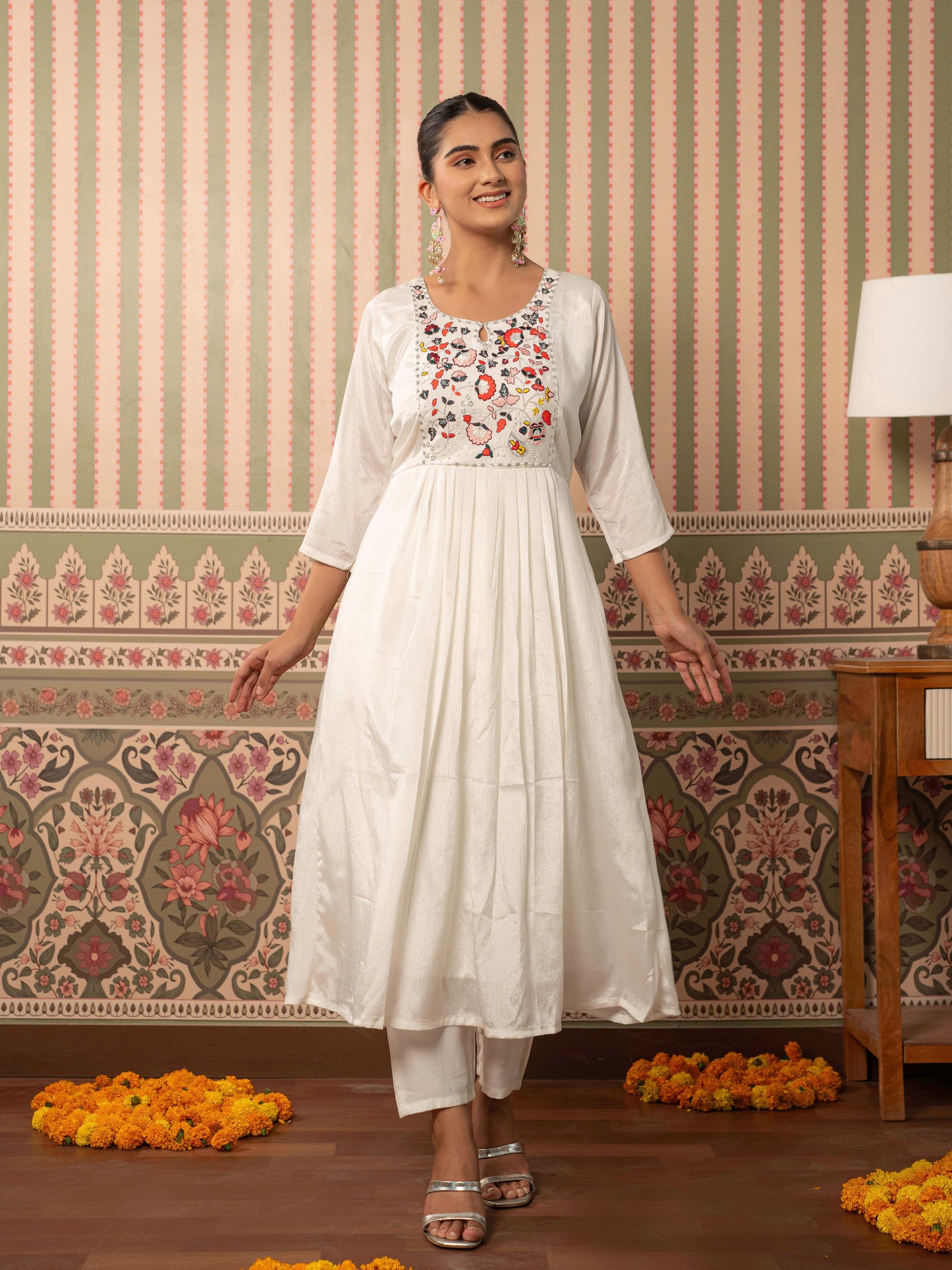 Embroidered Blended Silk Solid Flared White Kurta