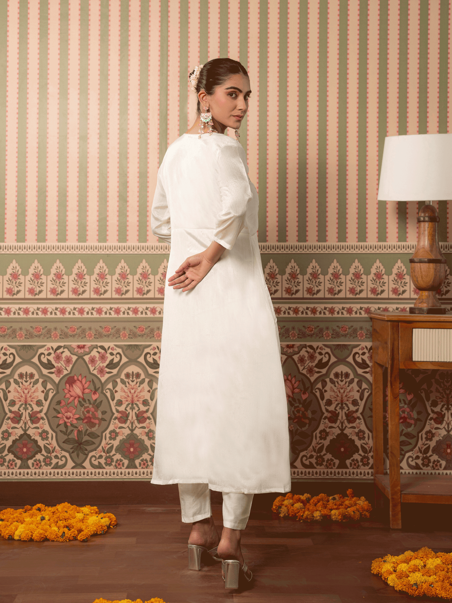 Embroidered Blended Silk Solid Flared White Kurta