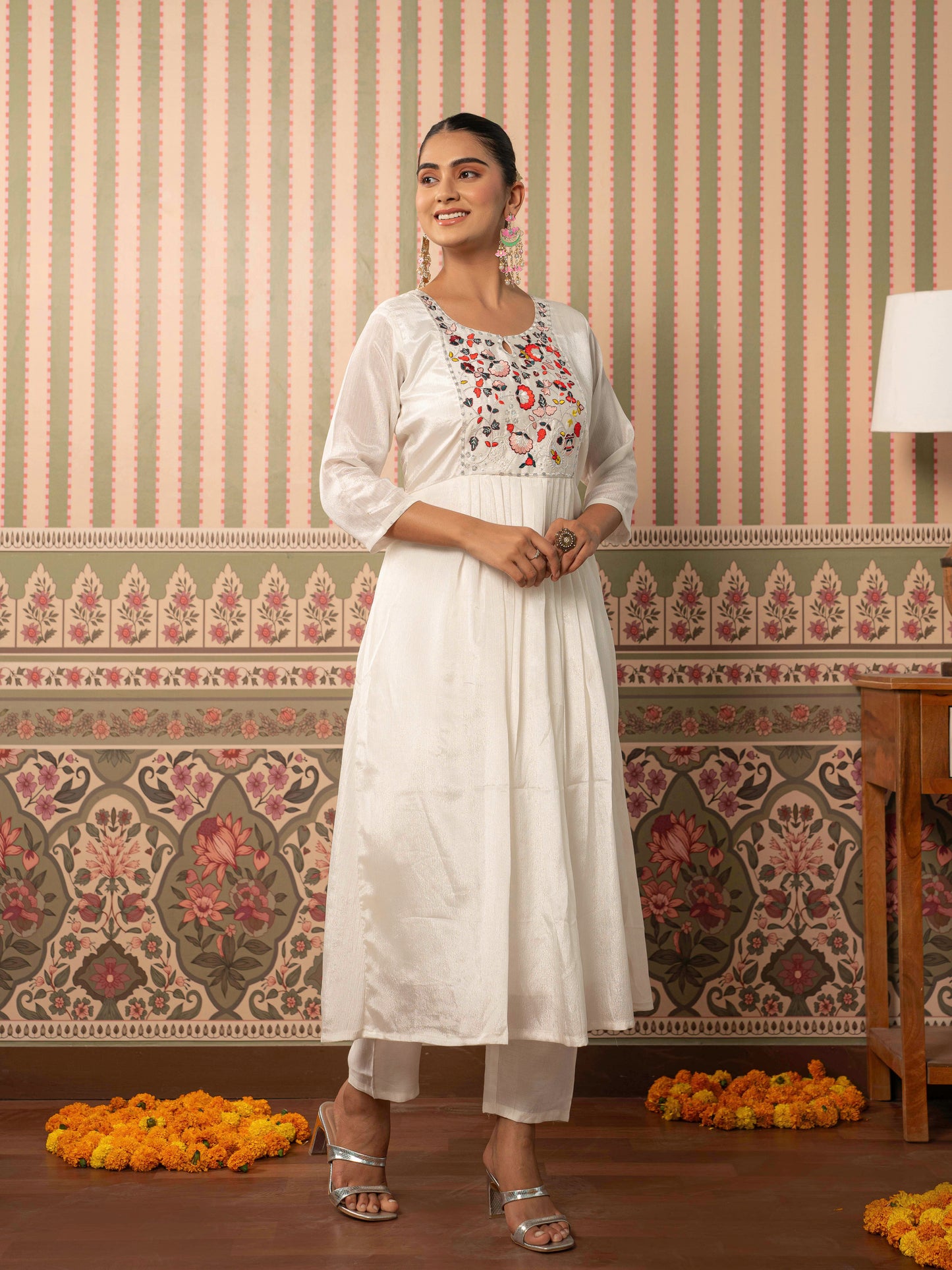 Embroidered Blended Silk Solid Flared White Kurta