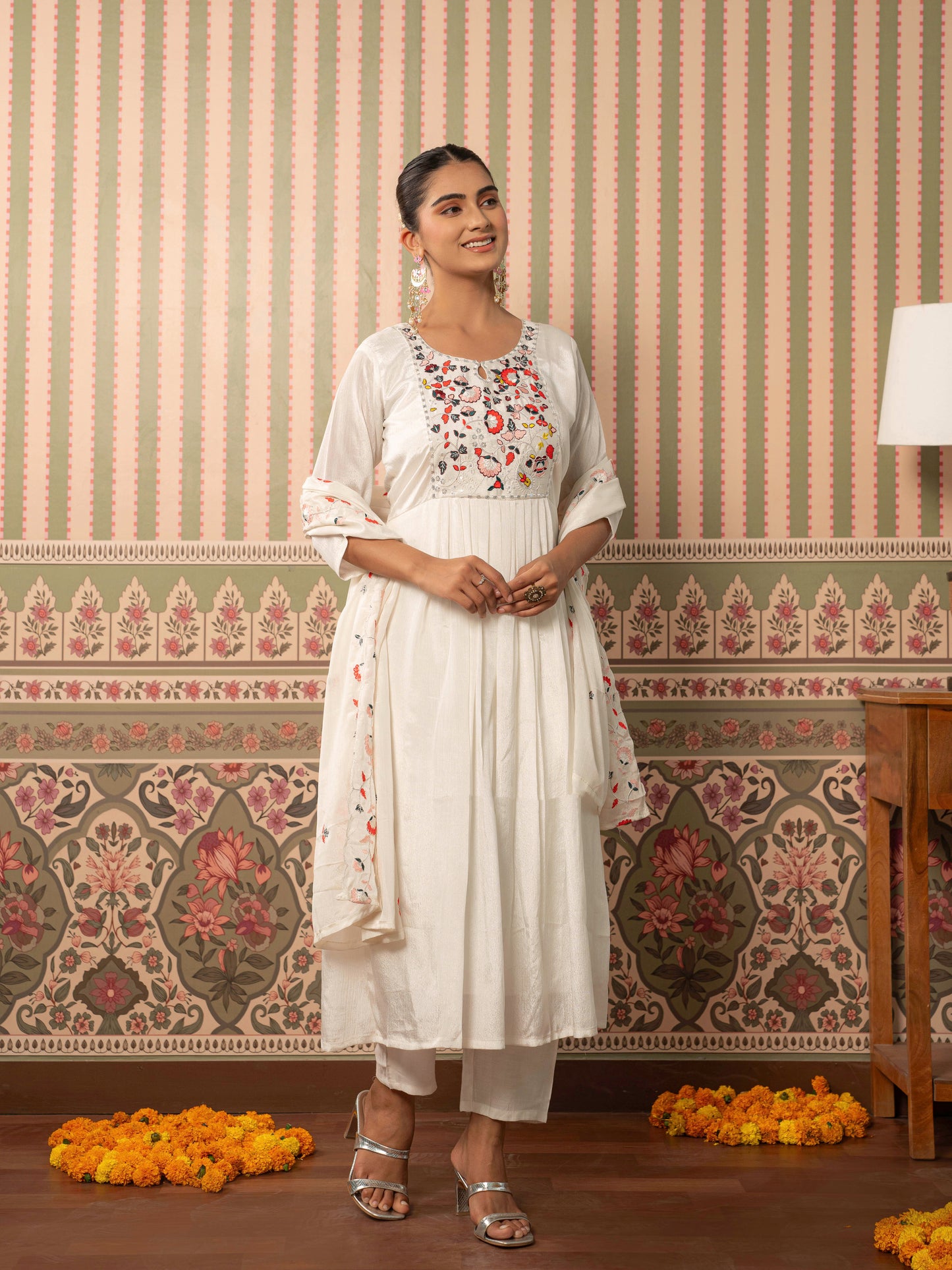 Embroidered Blended Silk Solid Flared White Kurta