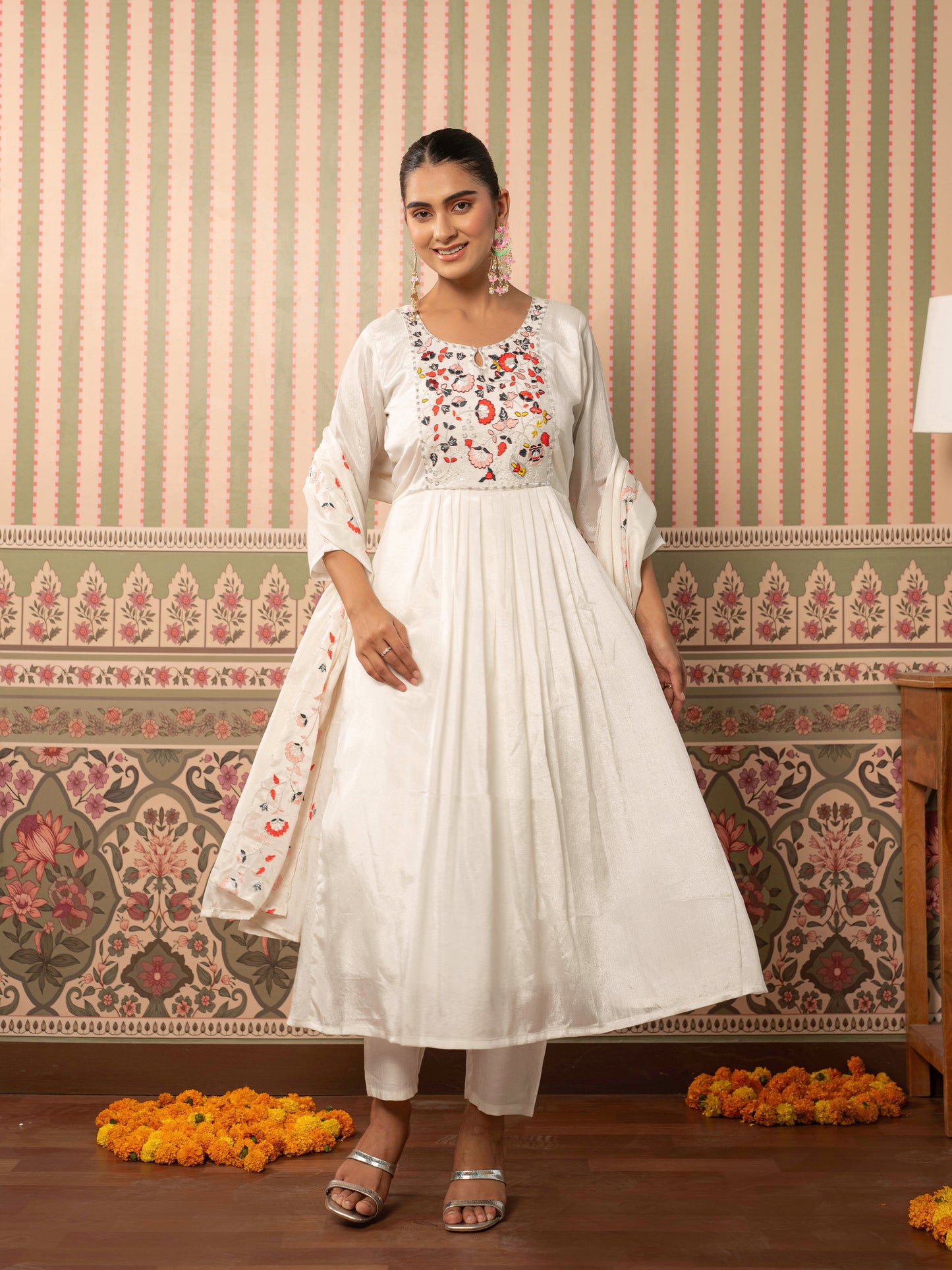 Embroidered Blended Silk Solid Flared White Kurta