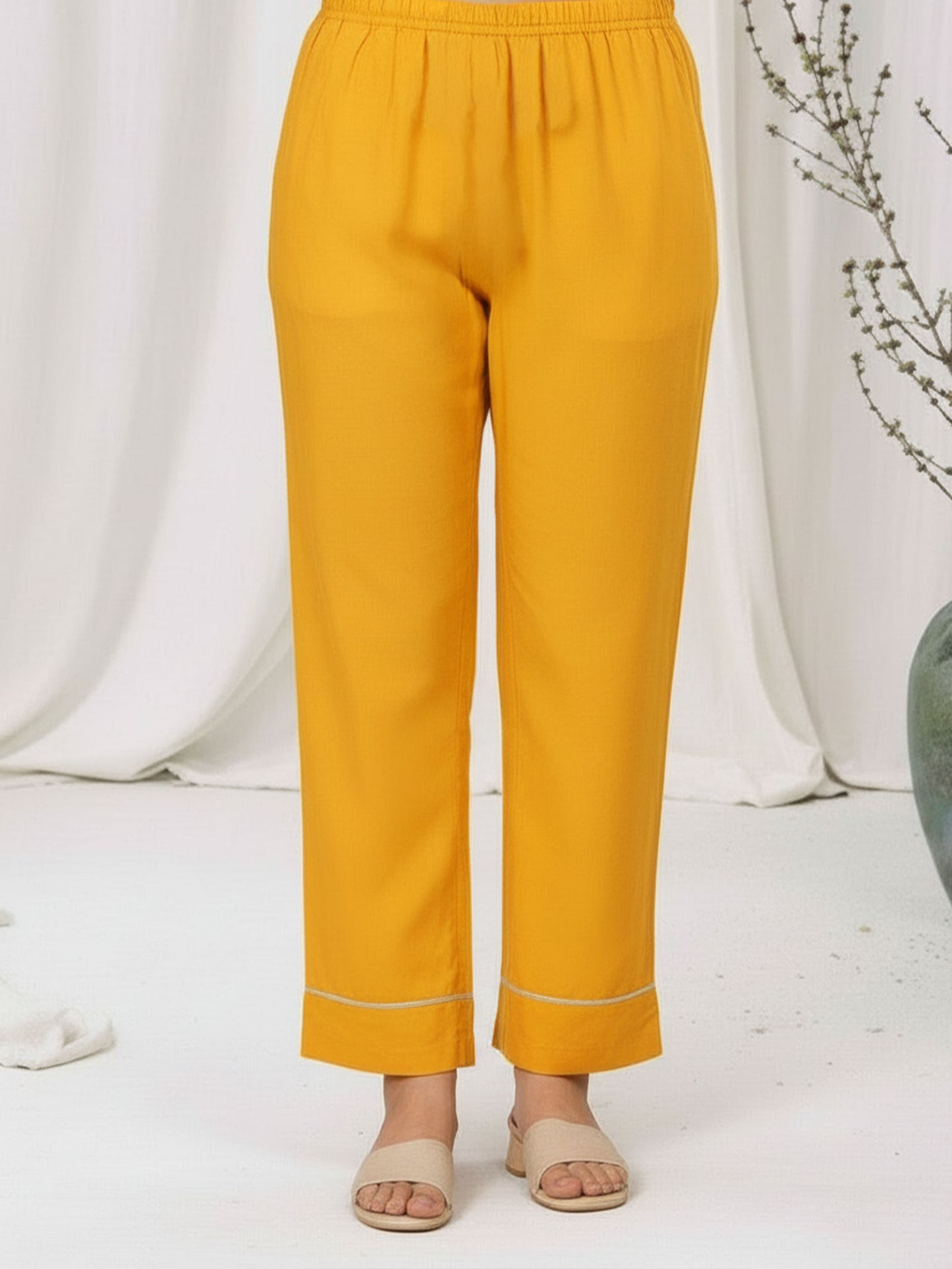 Soft Cotton Solid Yellow Straight Trousers