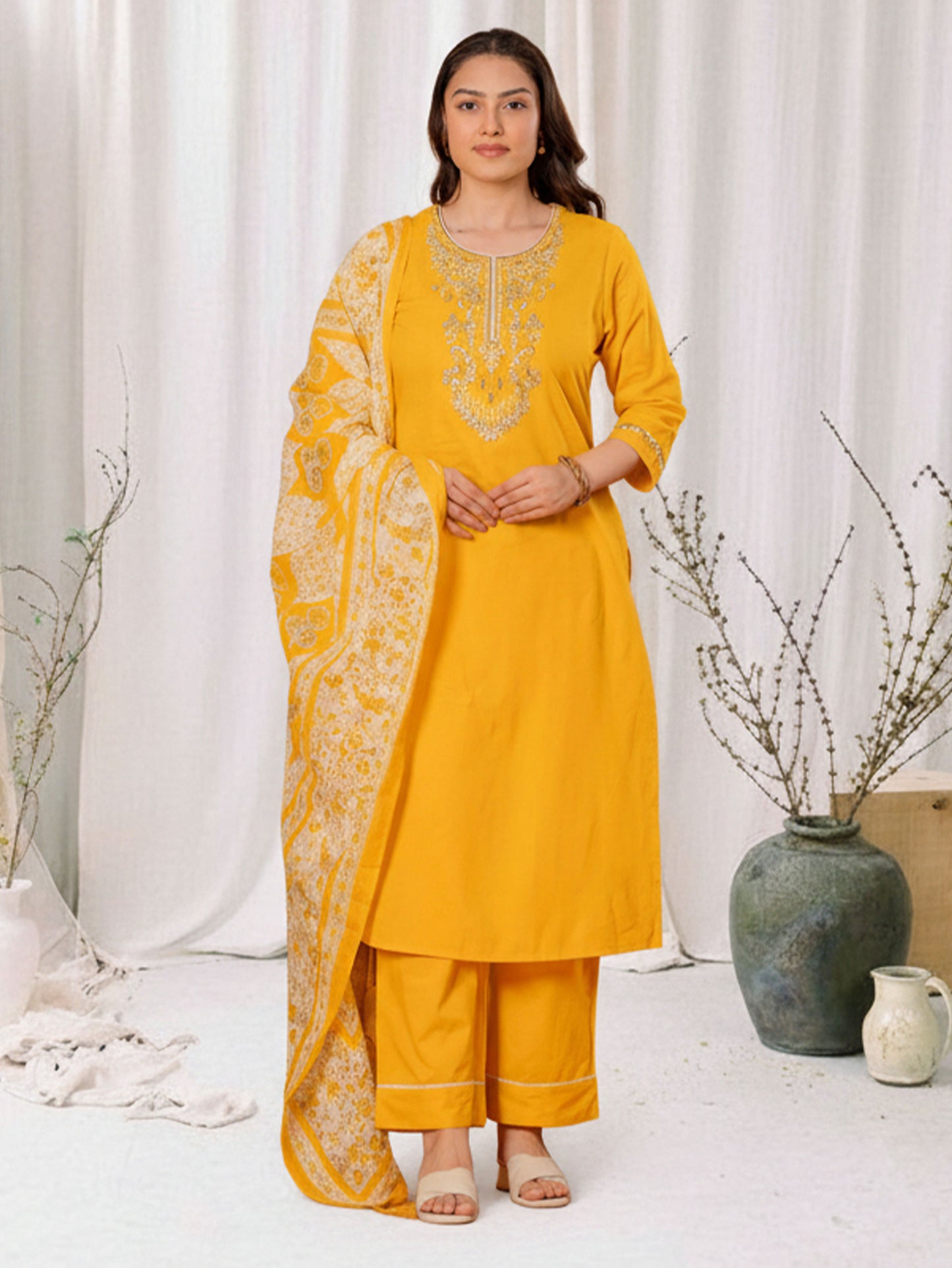 Embroidered Soft Cotton Solid Straight Yellow Kurta