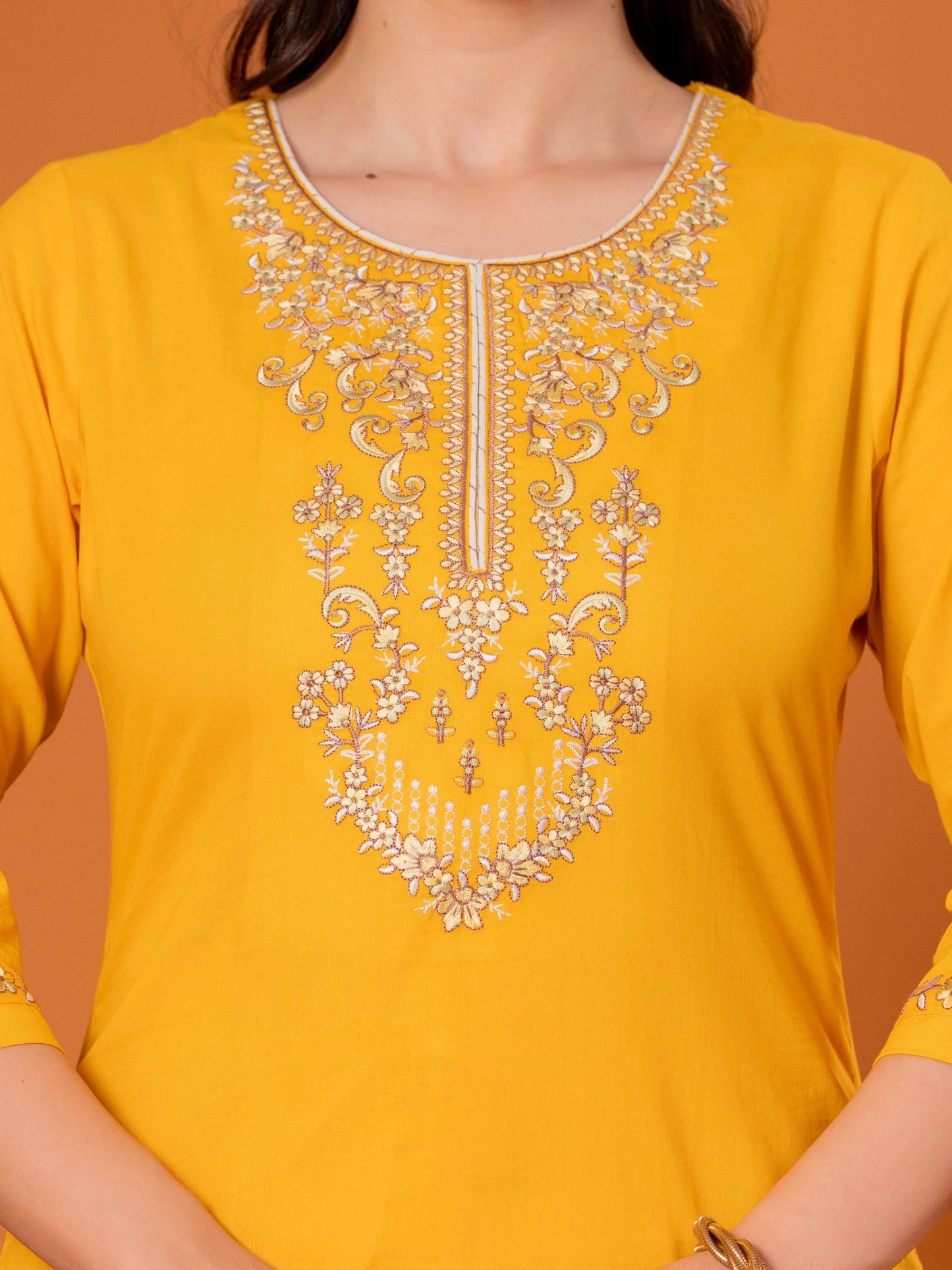 Embroidered Soft Cotton Solid Straight Yellow Kurta