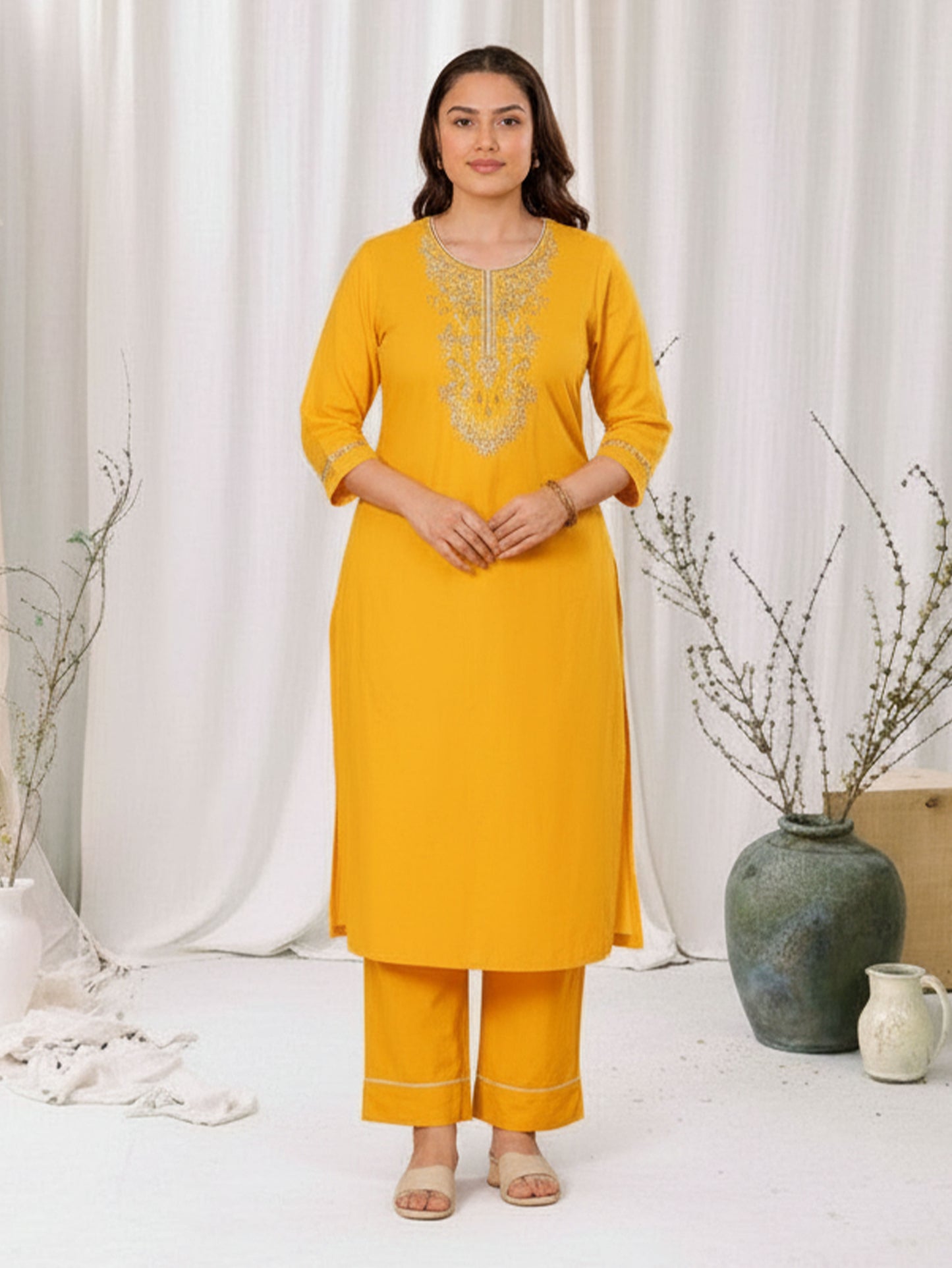 Embroidered Soft Cotton Solid Straight Yellow Kurta