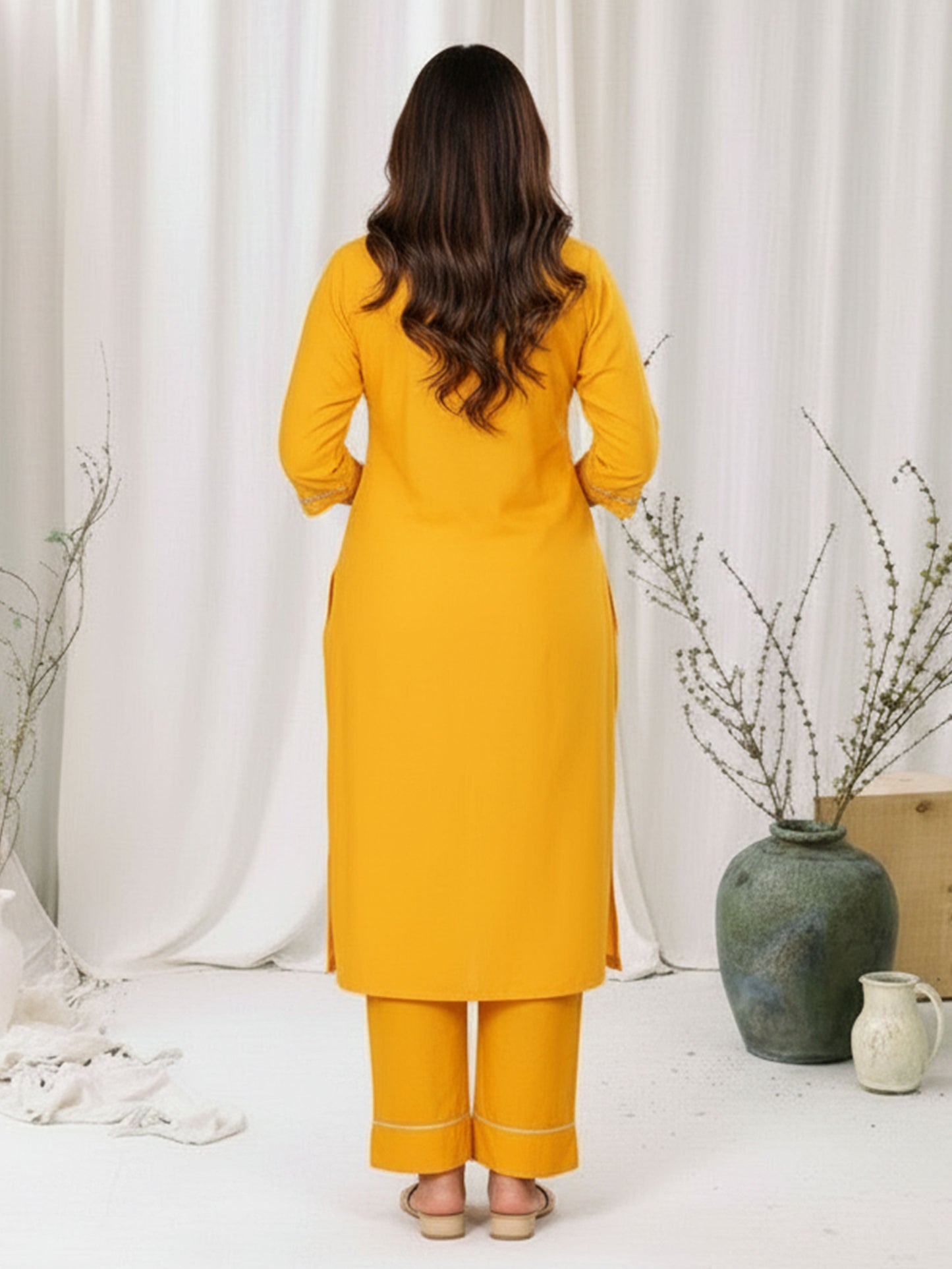 Embroidered Soft Cotton Solid Straight Yellow Kurta