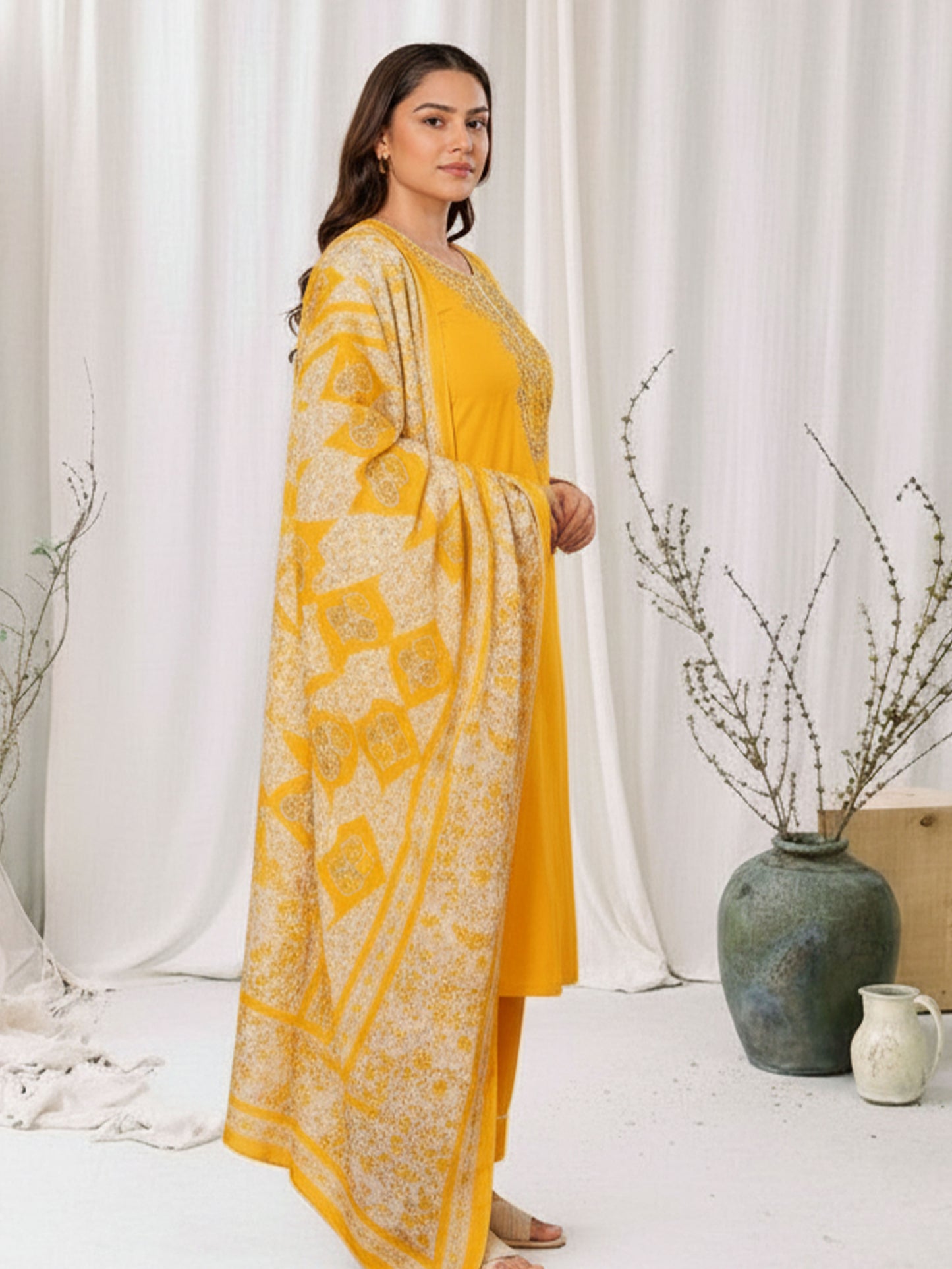 Embroidered Soft Cotton Solid Straight Yellow Kurta