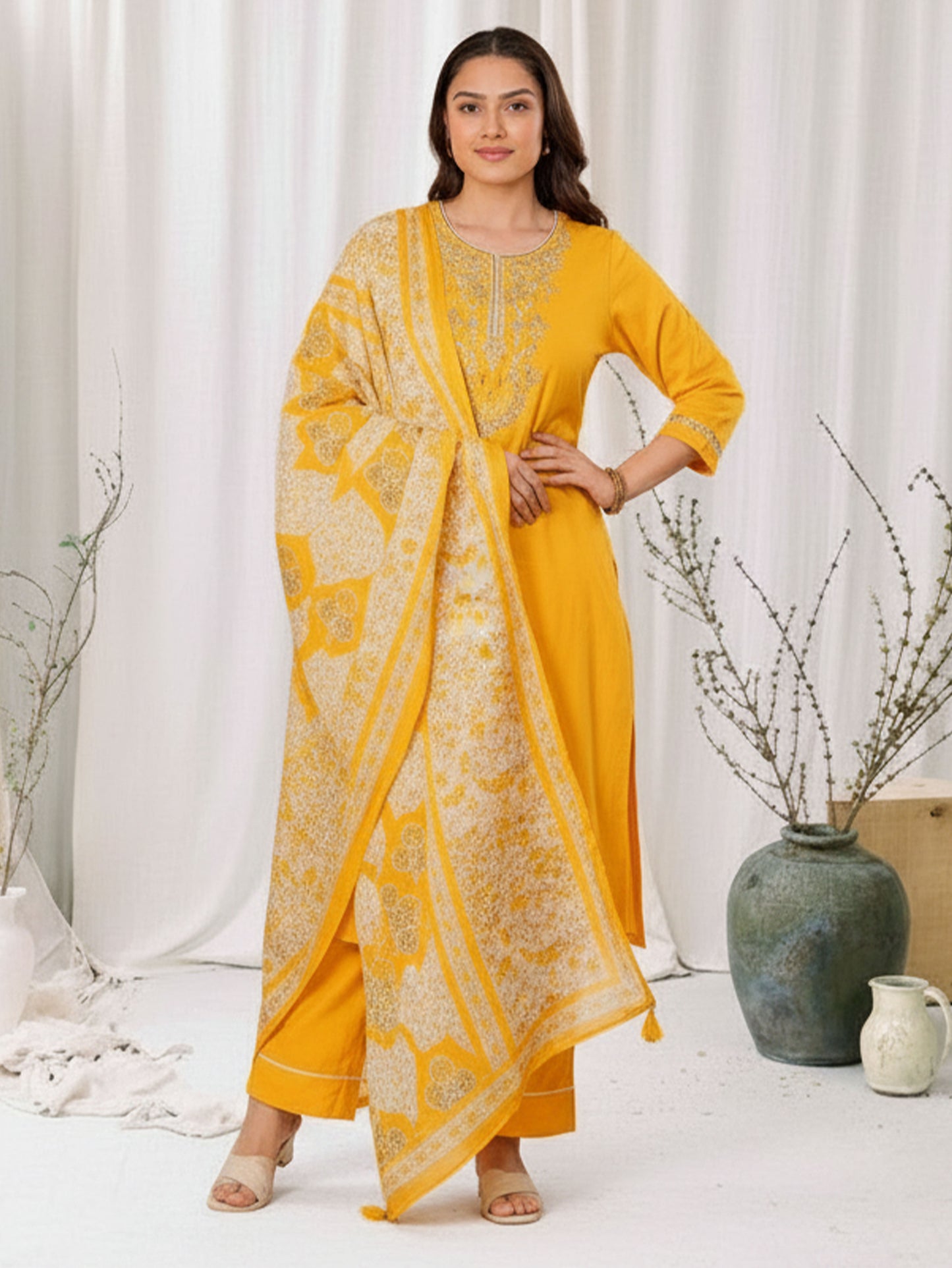 Embroidered Soft Cotton Solid Straight Yellow Kurta