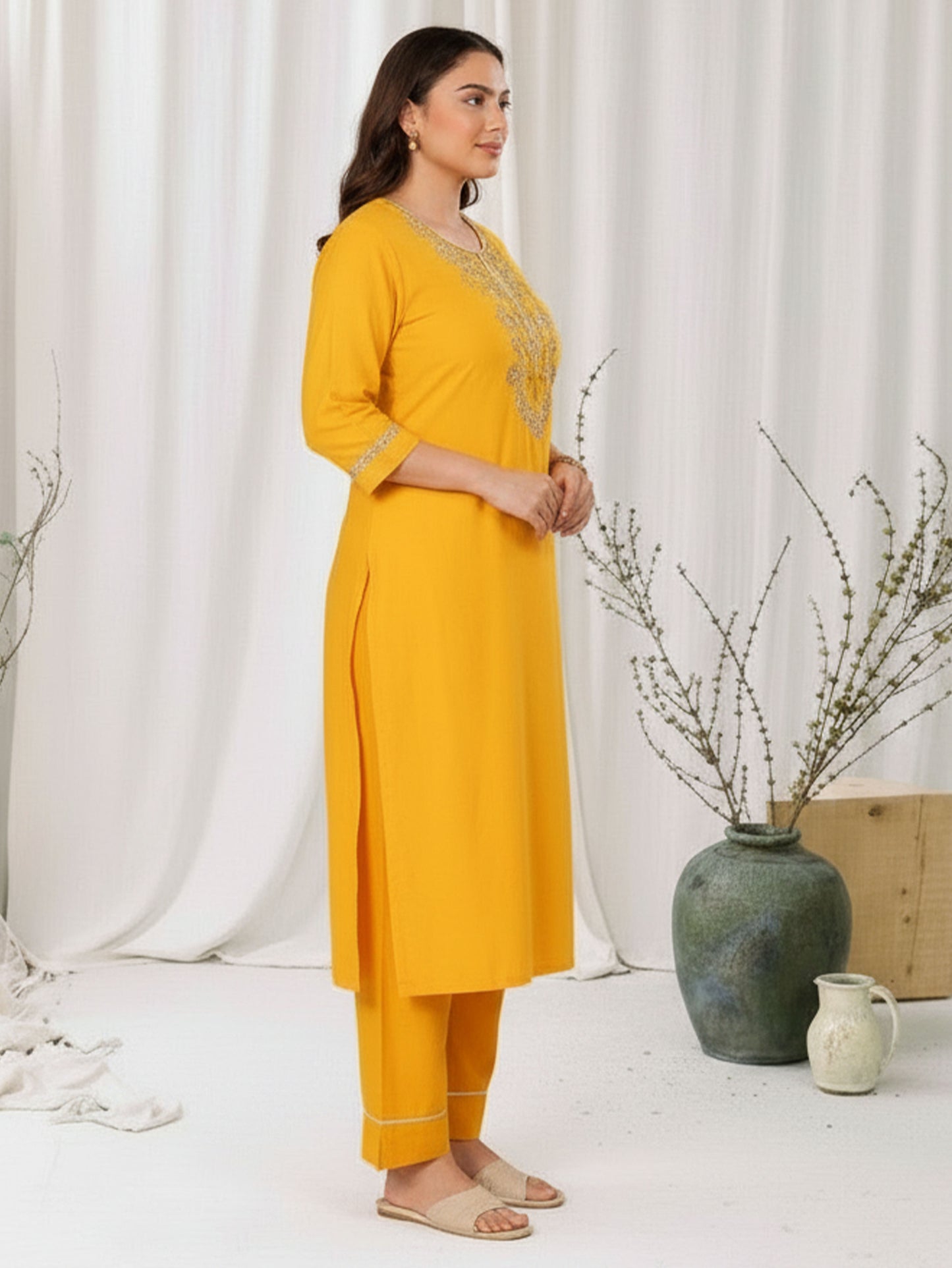 Embroidered Soft Cotton Solid Straight Yellow Kurta