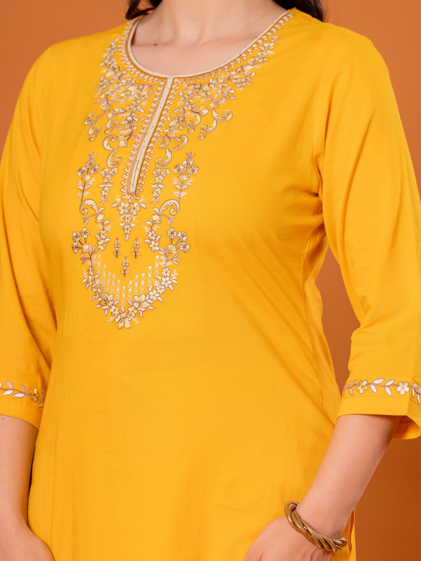 Embroidered Soft Cotton Solid Straight Yellow Kurta