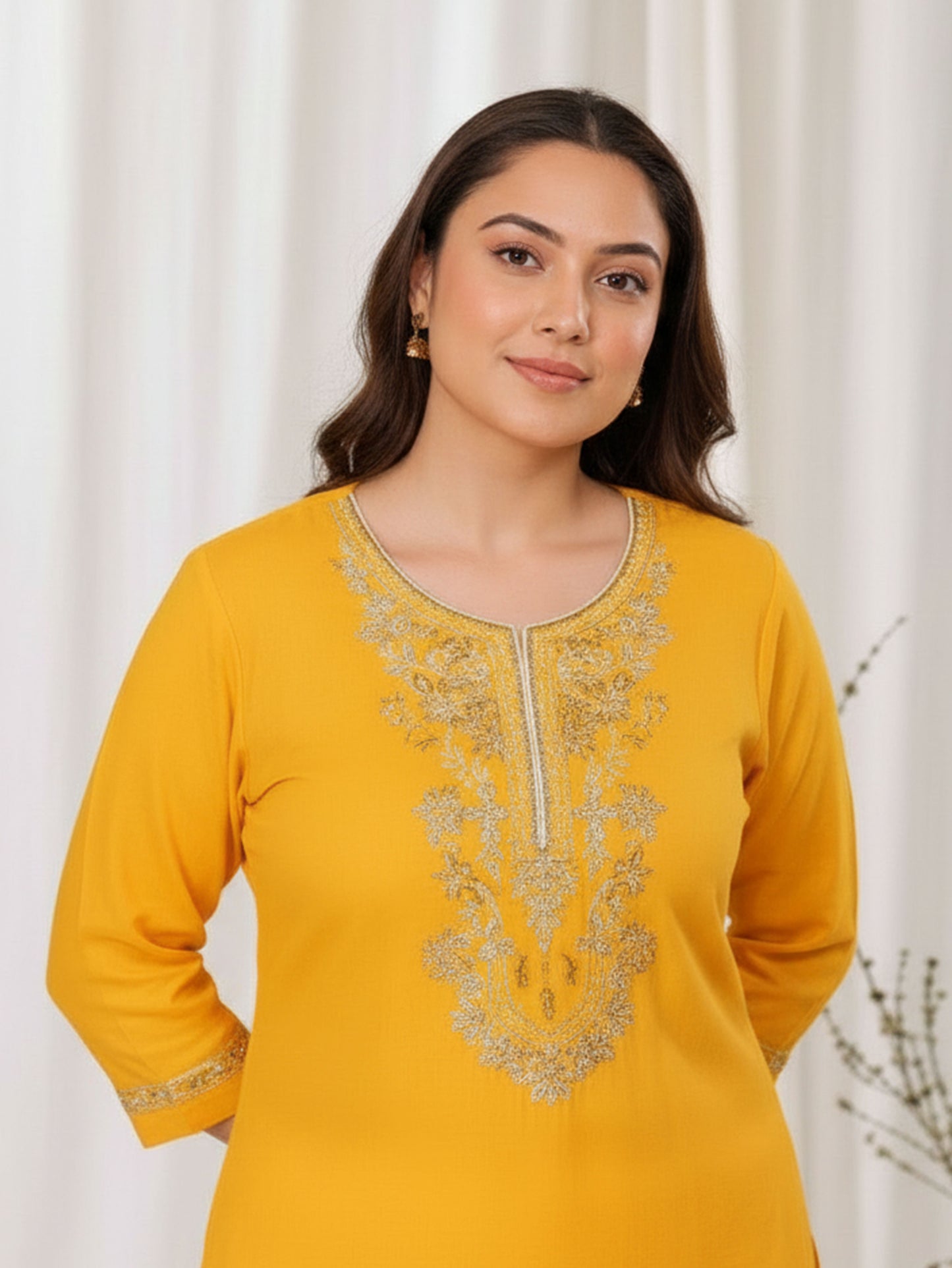 Embroidered Soft Cotton Solid Straight Yellow Kurta
