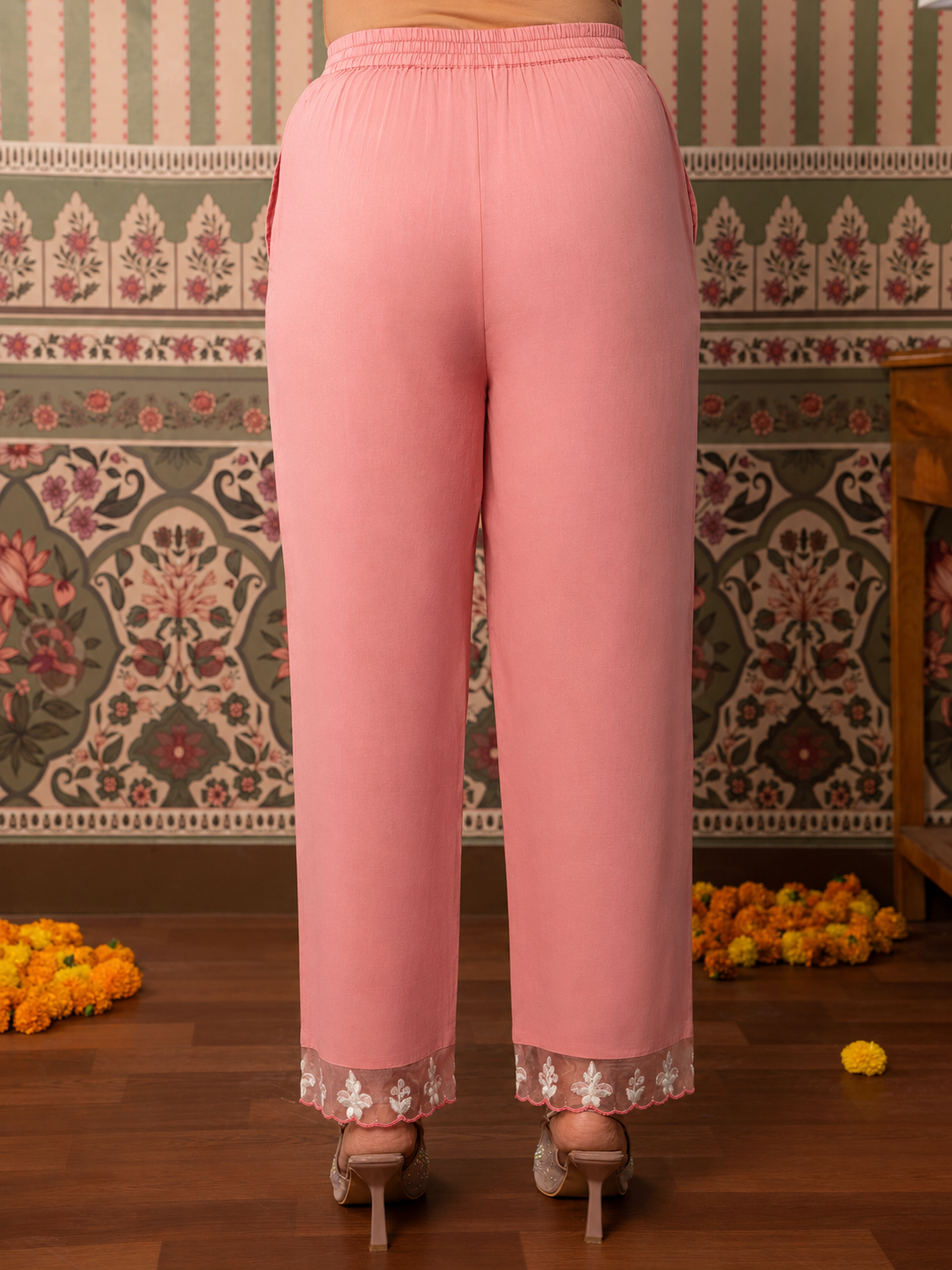 Embroidered Soft cotton Solid Peach Straight Trousers