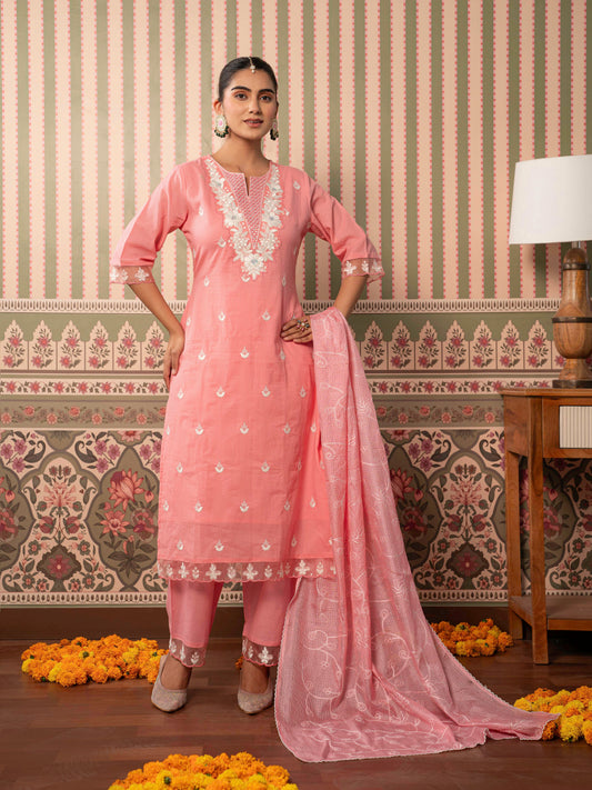 Embroidered Kota doria Solid Plain Peach Dupatta