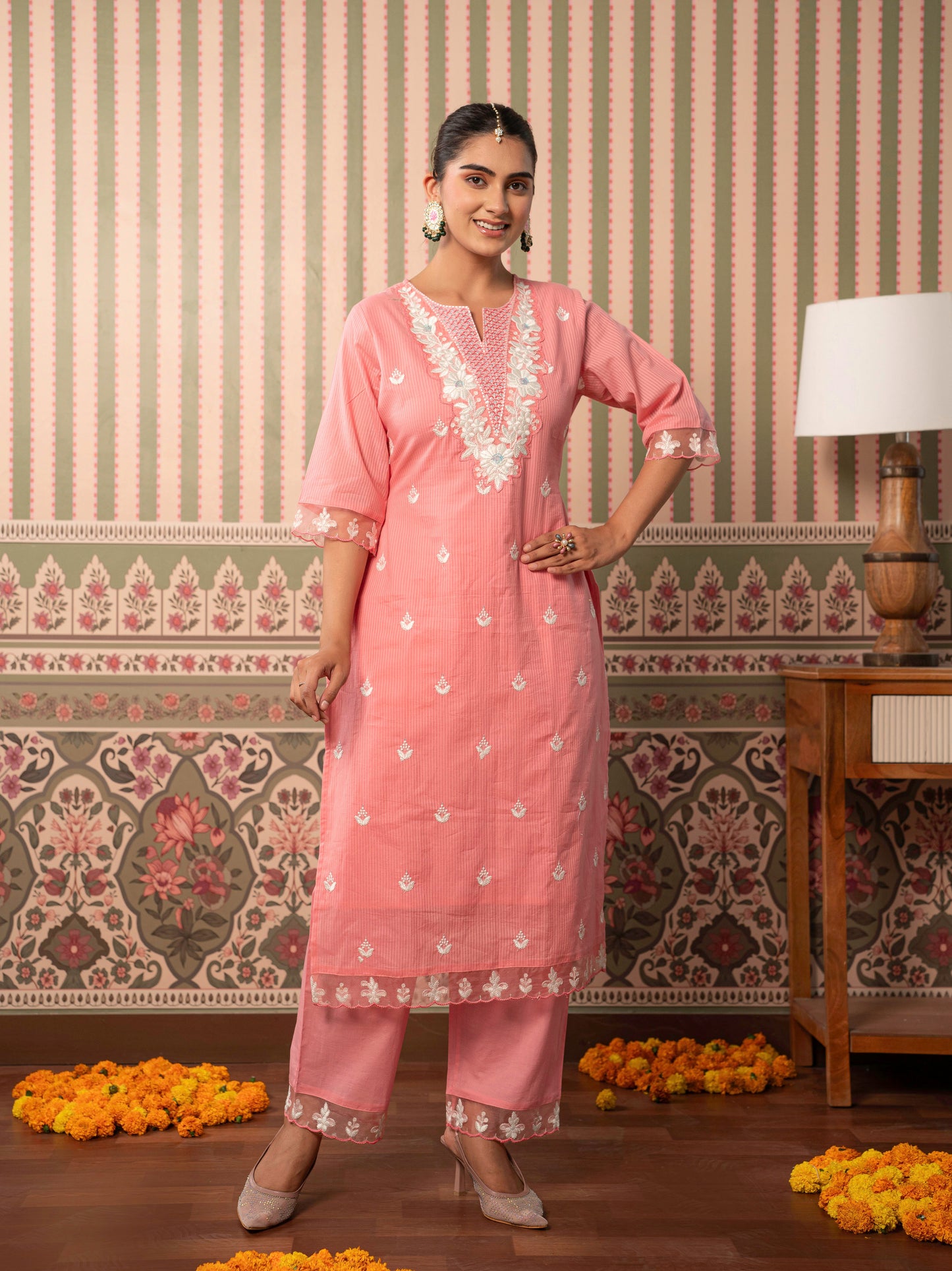 Embroidered Cotton dobby Solid Straight Peach Kurta