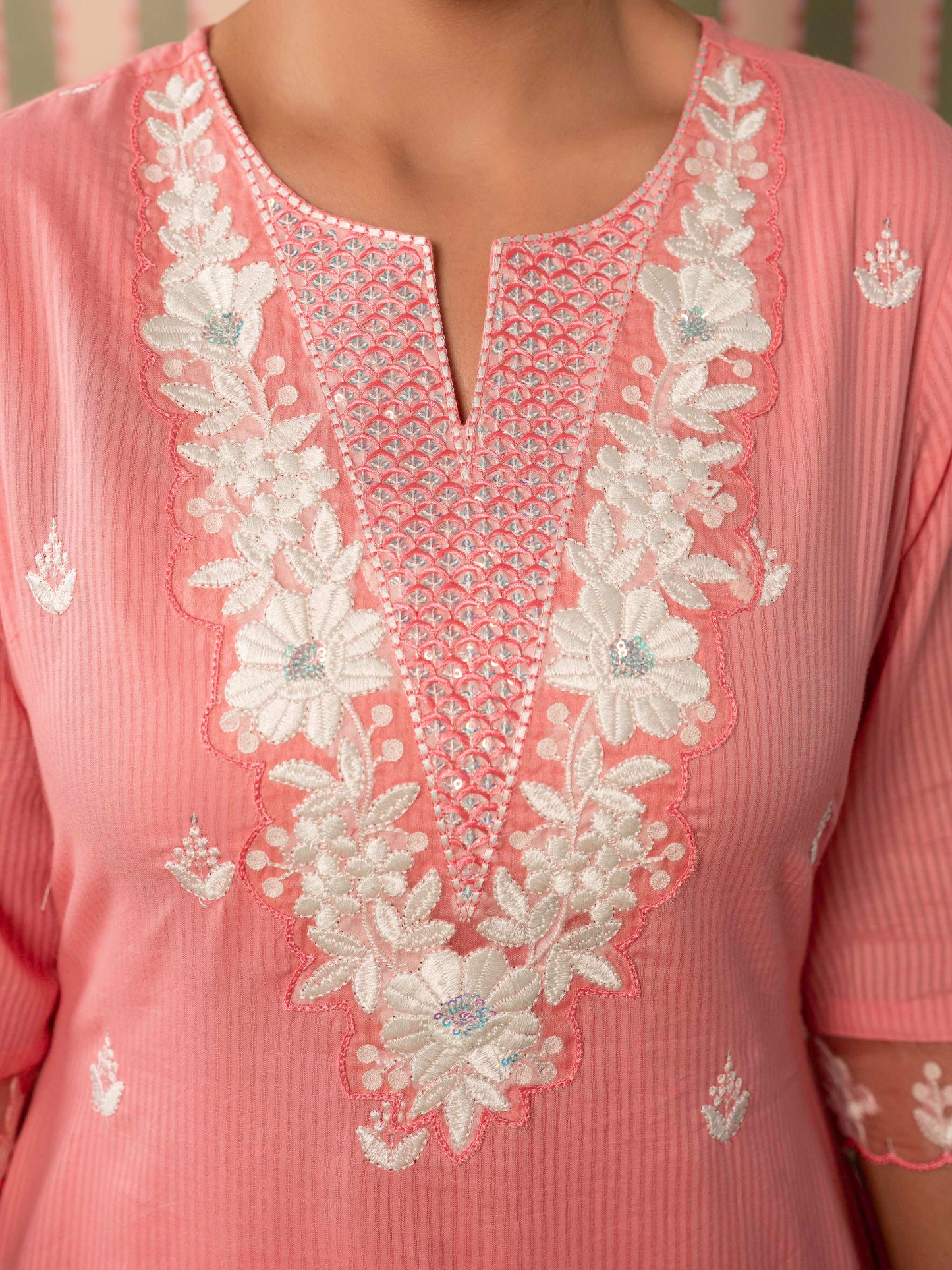 Embroidered Cotton dobby Solid Straight Peach Kurta