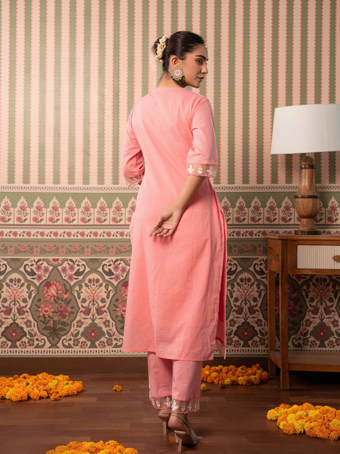 Embroidered Cotton dobby Solid Straight Peach Kurta
