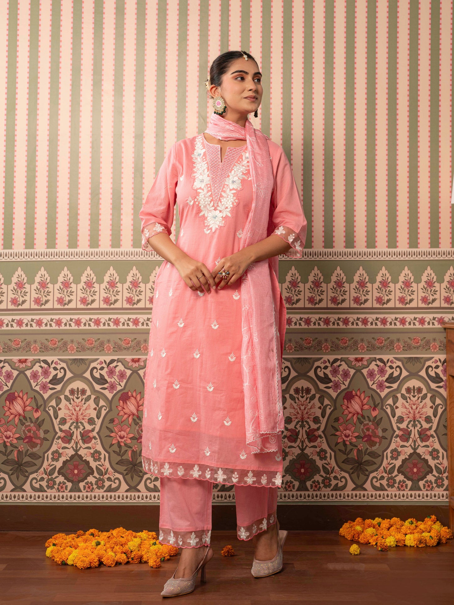 Embroidered Cotton dobby Solid Straight Peach Kurta