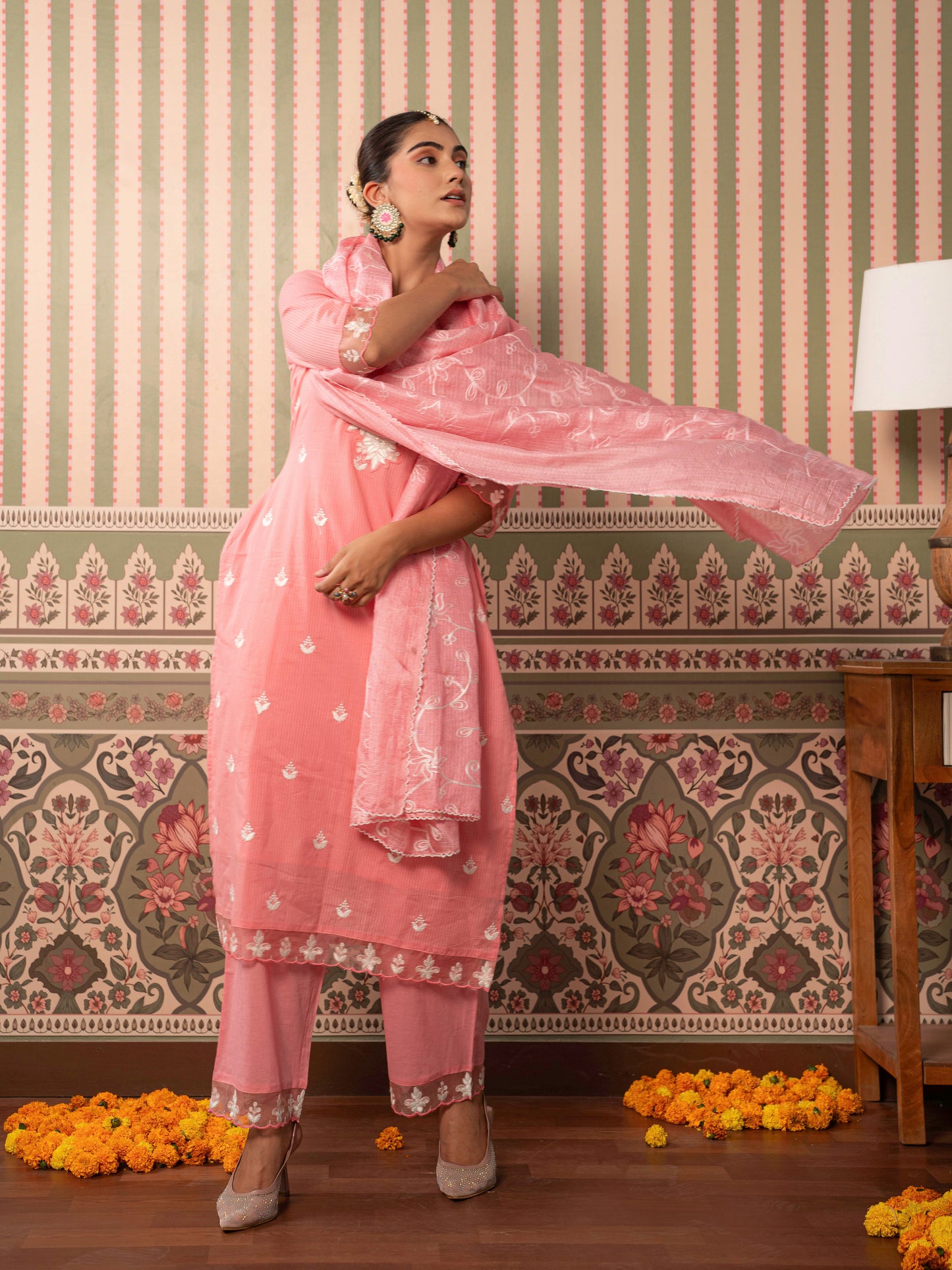 Embroidered Cotton dobby Solid Straight Peach Kurta