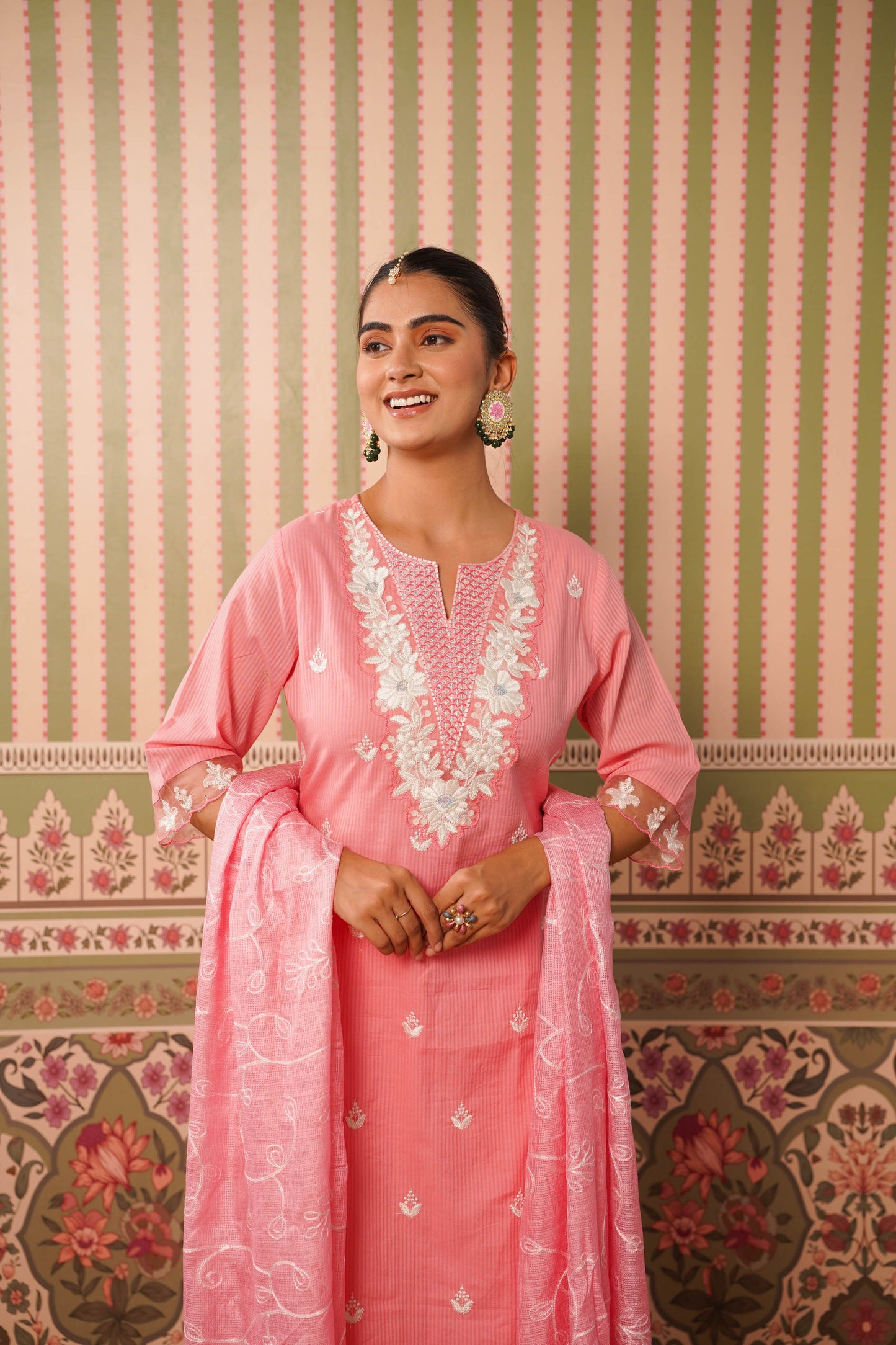 Embroidered Cotton dobby Solid Straight Peach Kurta