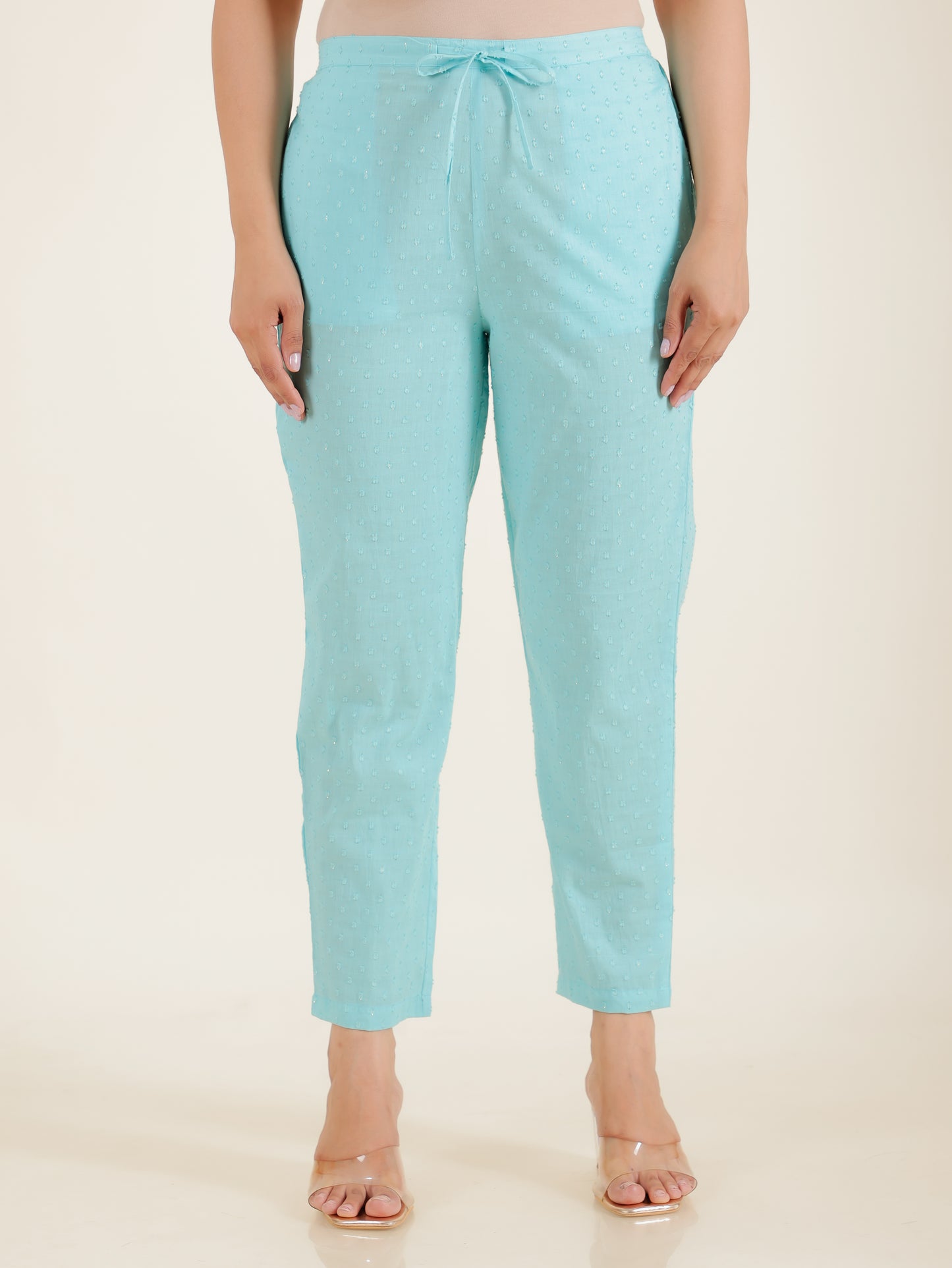 Lurex Cotton Self Design Turquoise Tapered Trousers