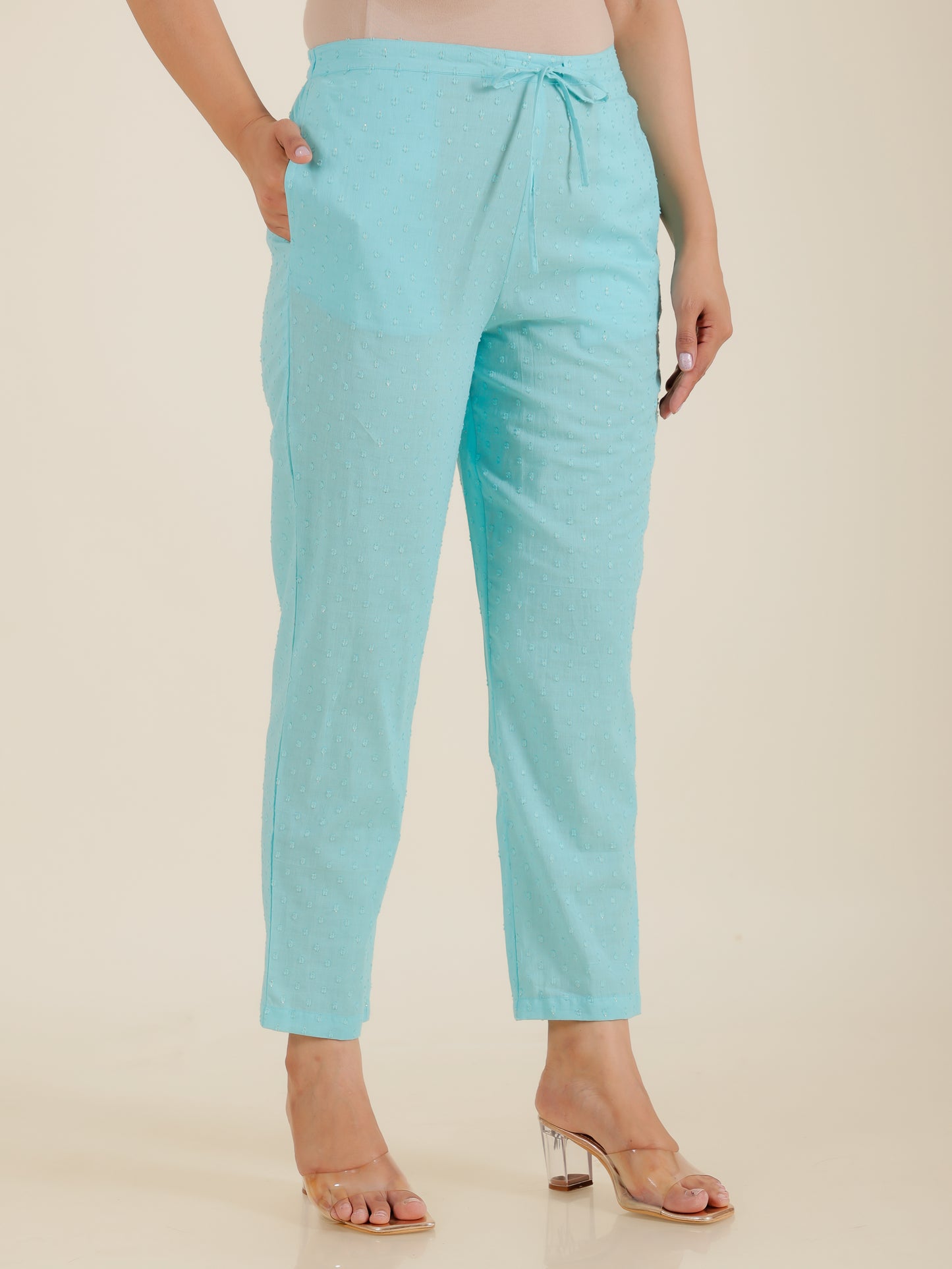 Lurex Cotton Self Design Turquoise Tapered Trousers