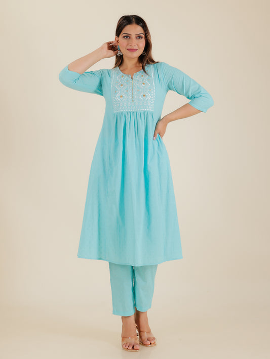 Lurex Cotton Self Design Panelled Turquoise Kurta