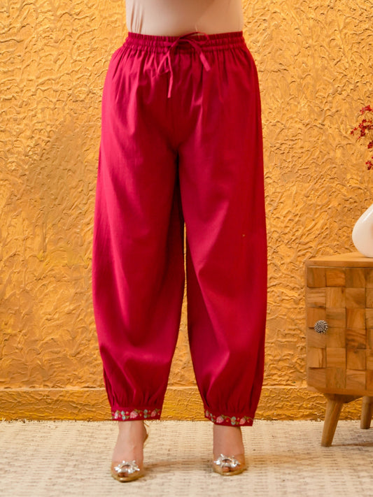 Embroidered Blended Silk Solid Red Salwar