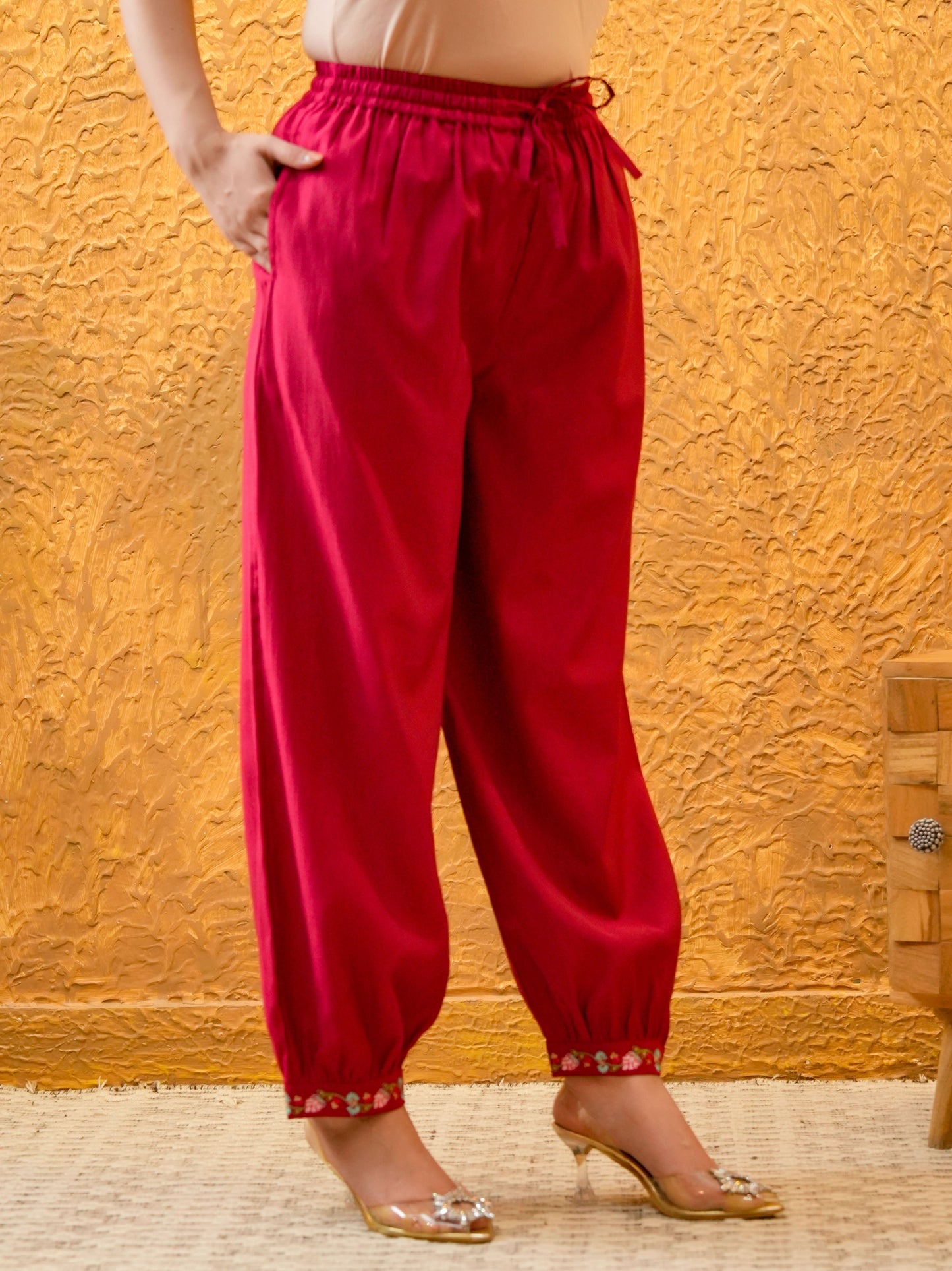 Embroidered Blended Silk Solid Red Salwar