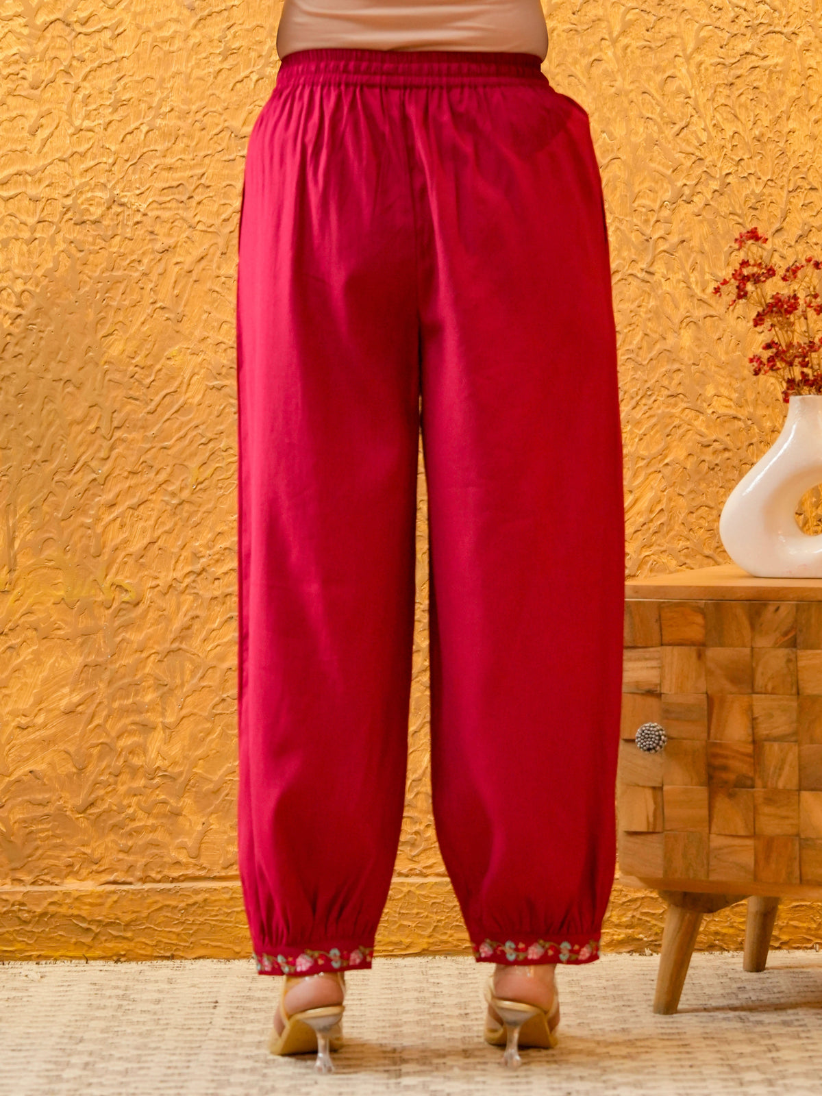Embroidered Blended Silk Solid Red Salwar