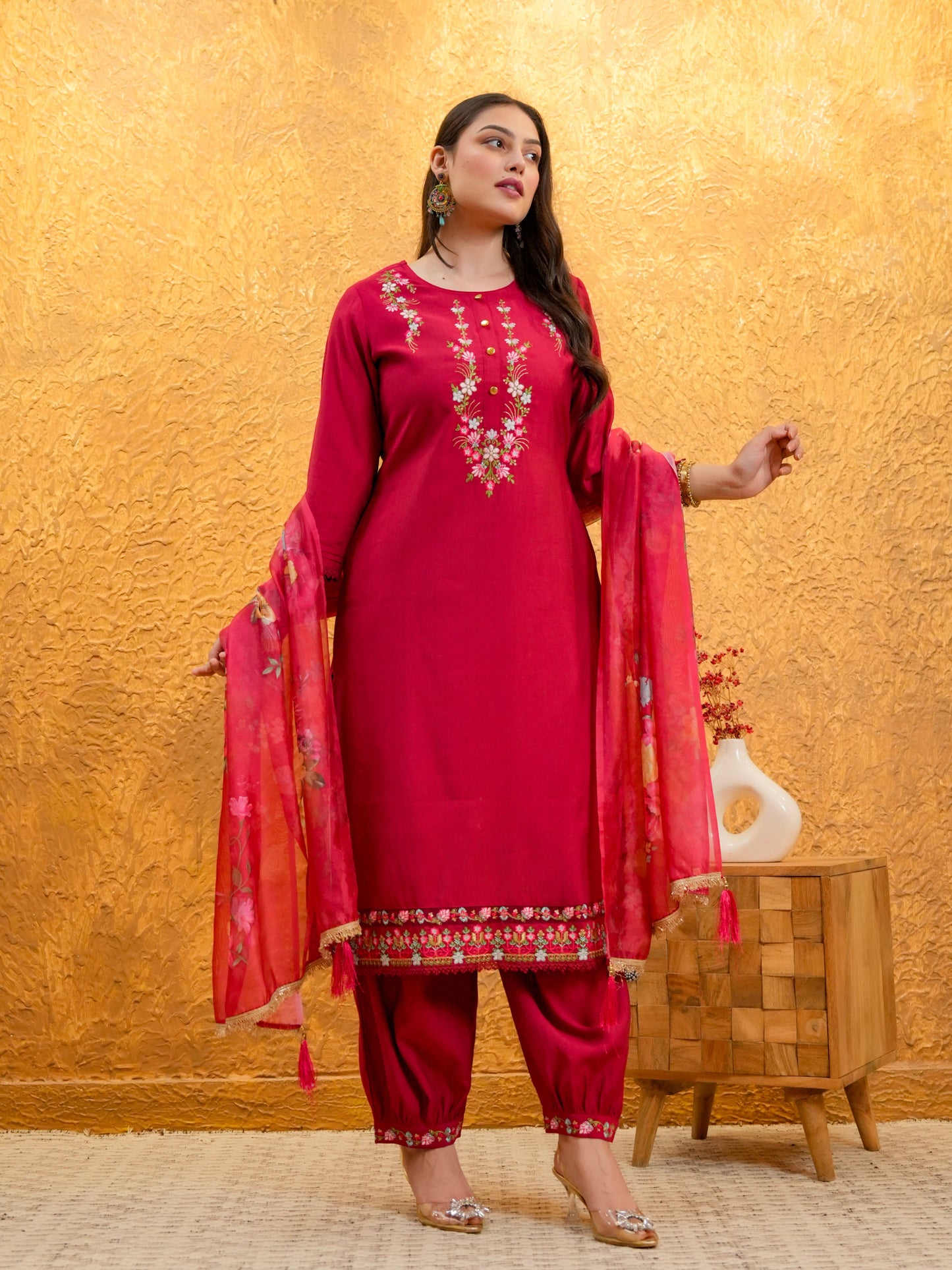 Organza Floral Red Dupatta