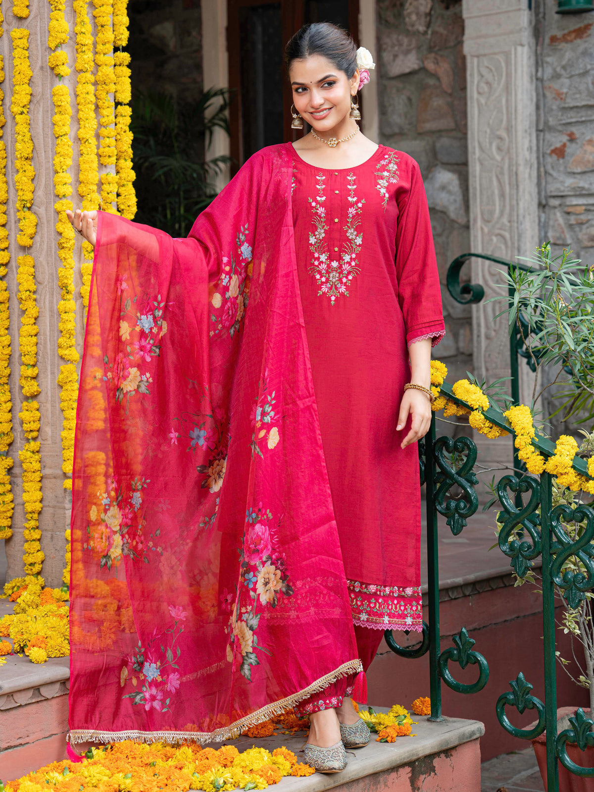 Organza Floral Red Dupatta