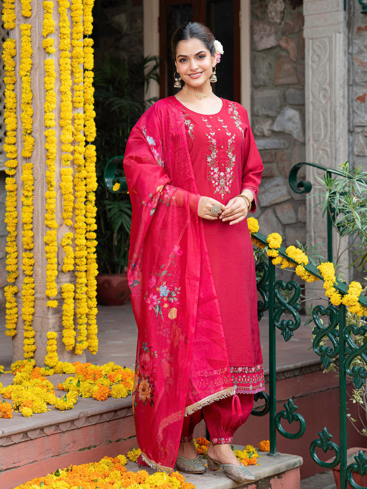 Organza Floral Red Dupatta