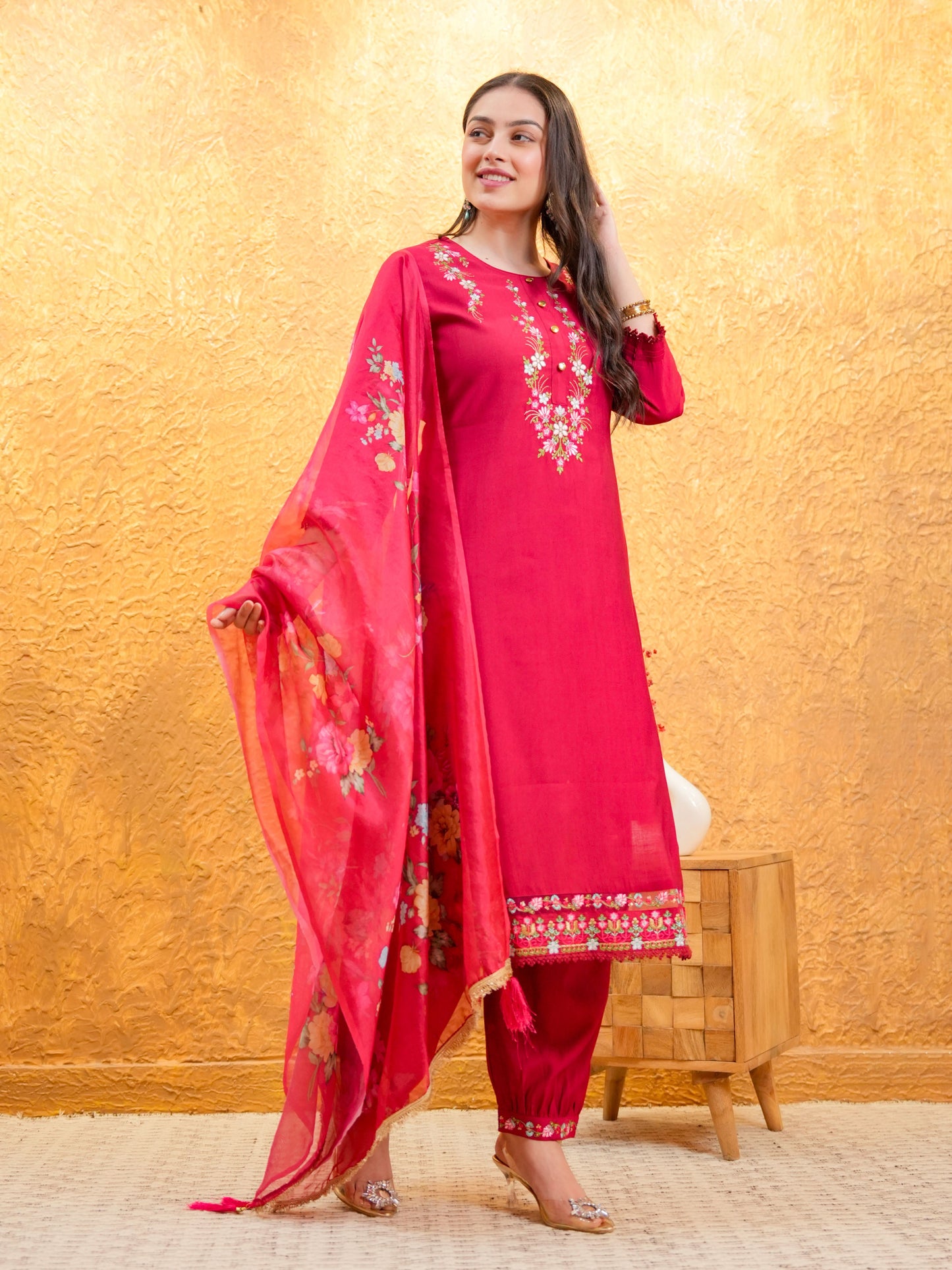 Organza Floral Red Dupatta