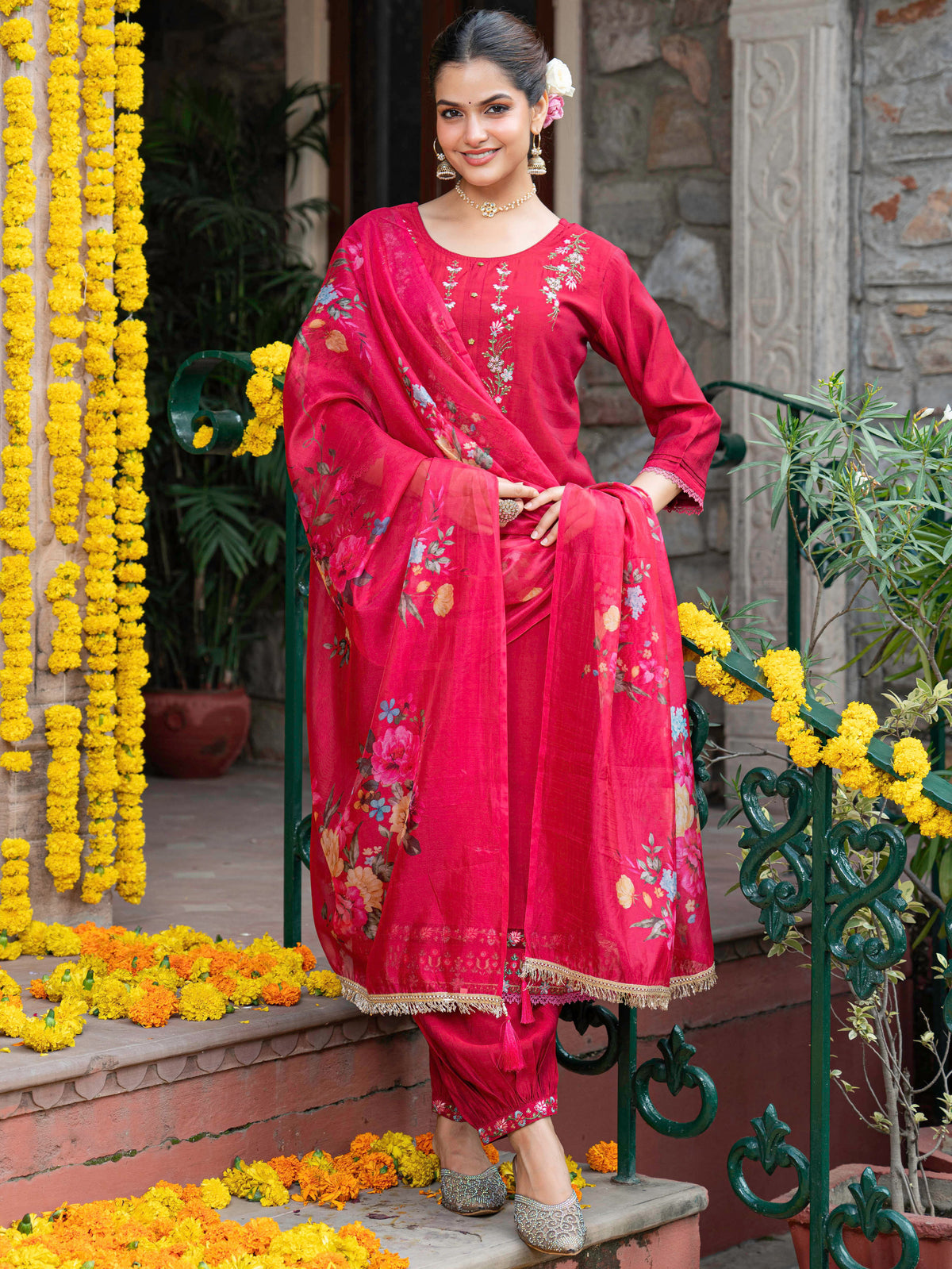 Organza Floral Red Dupatta