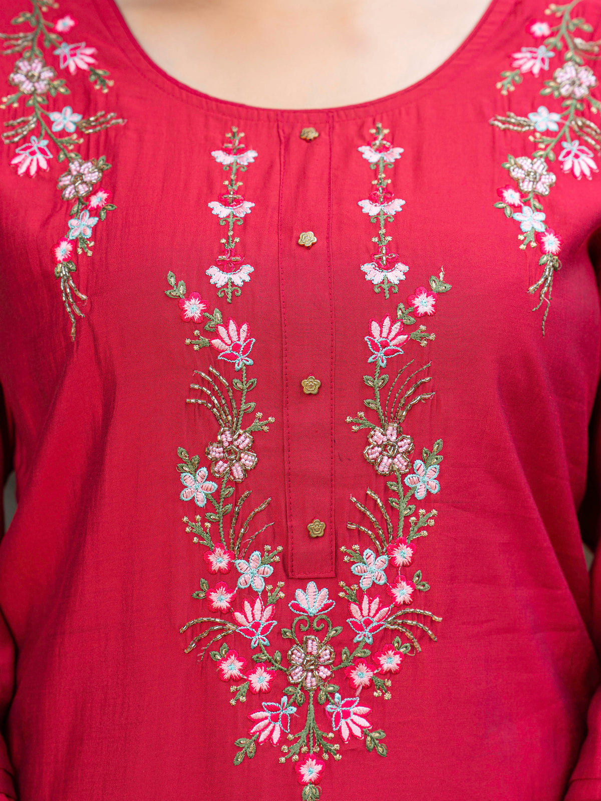Embroidered Blended Silk Solid Straight Red Kurta