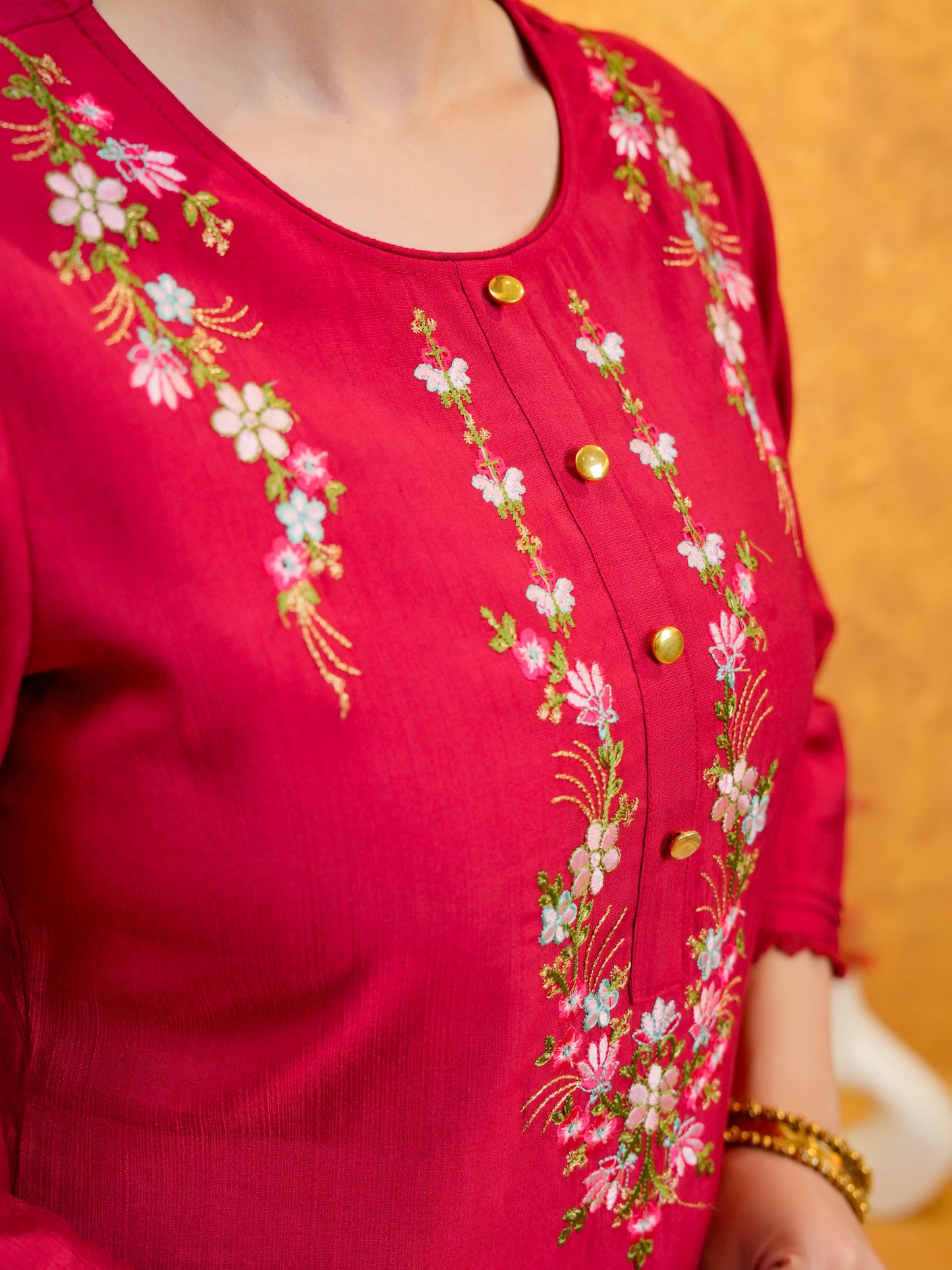 Embroidered Blended Silk Solid Straight Red Kurta