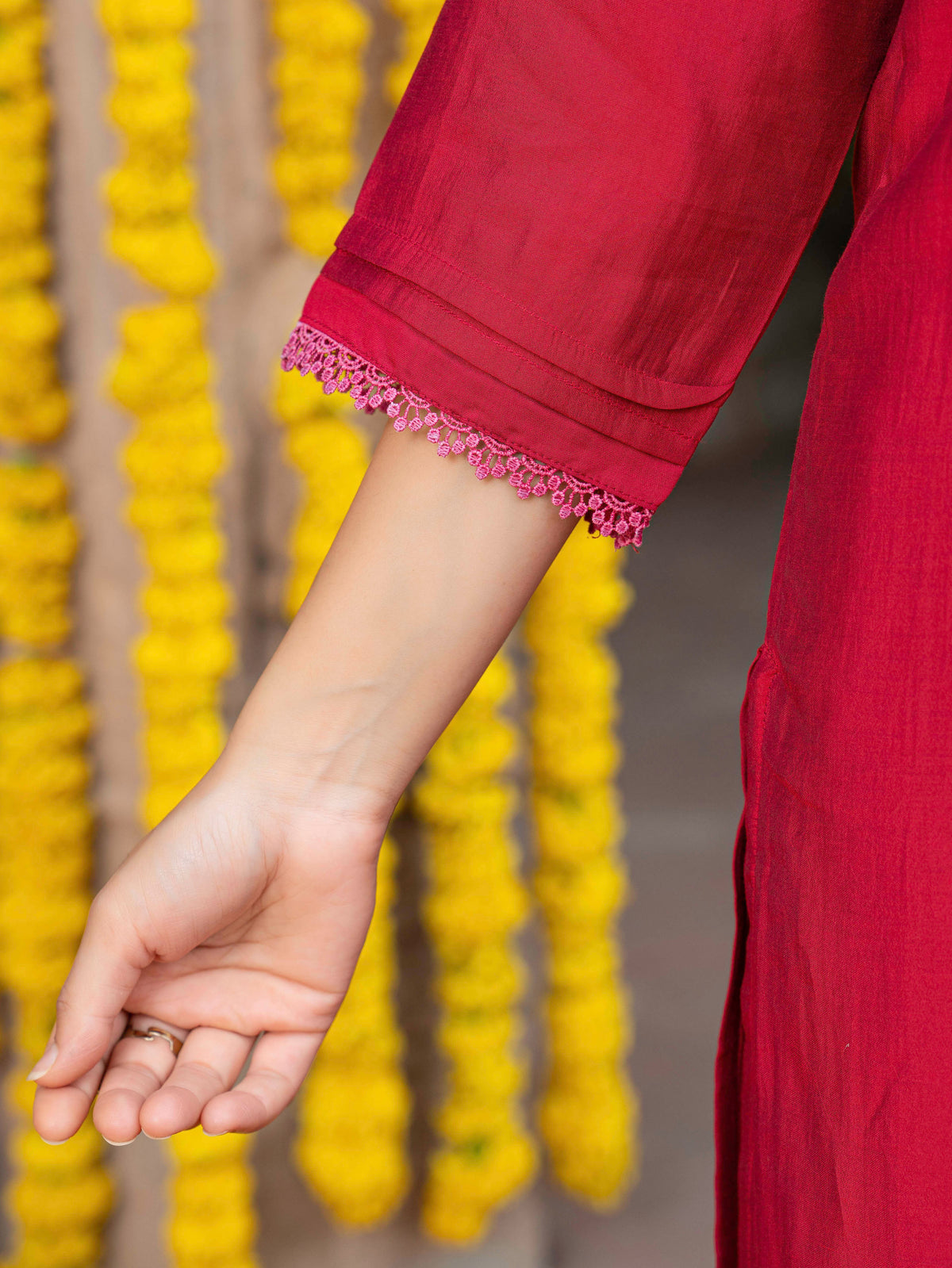 Embroidered Blended Silk Solid Straight Red Kurta