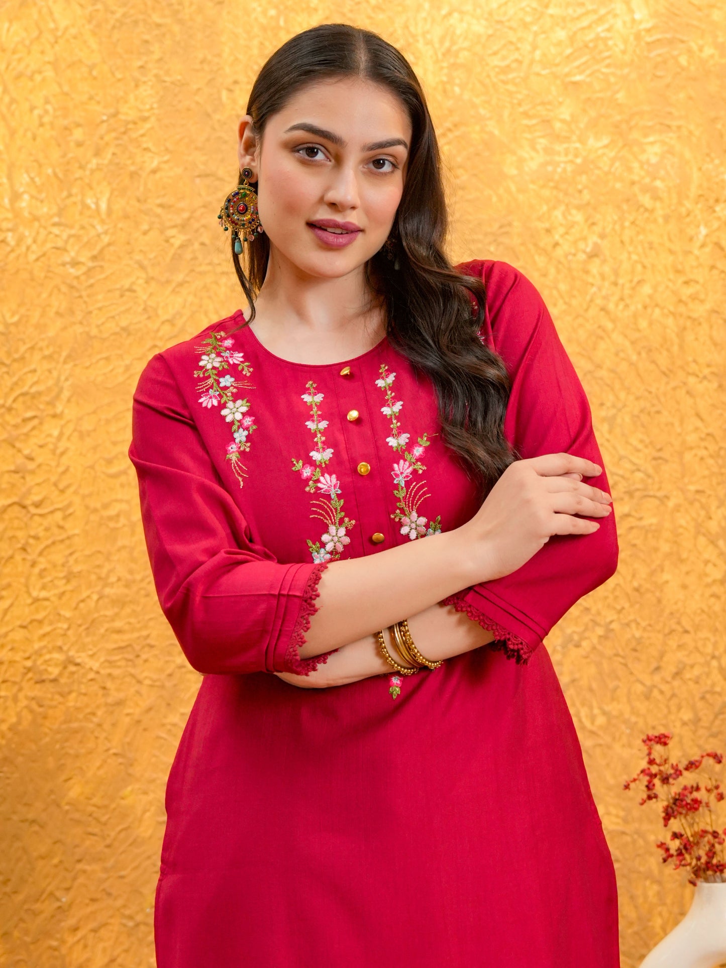 Embroidered Blended Silk Solid Straight Red Kurta