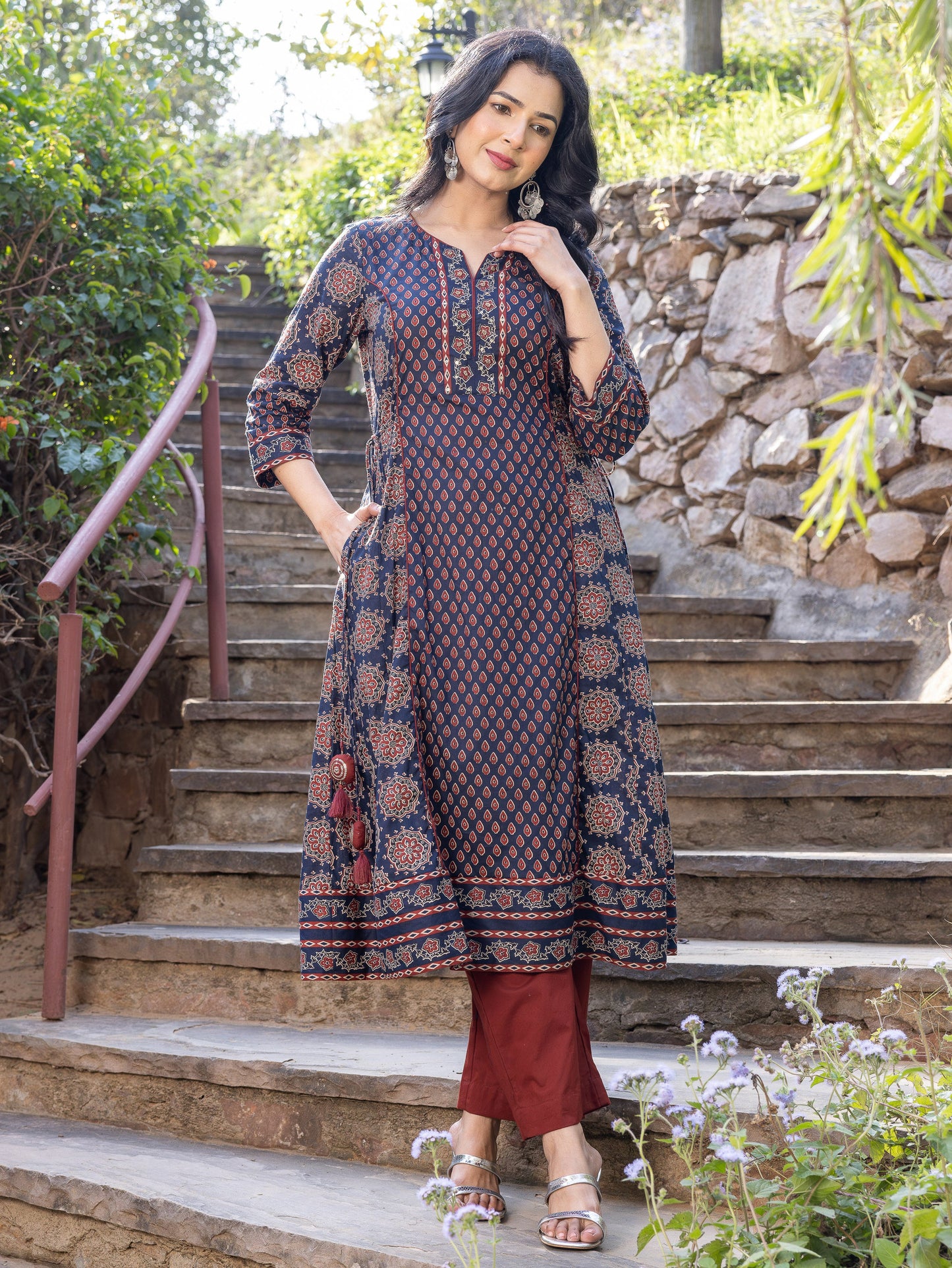Soft Cotton Geometric A-line Blue Kurta