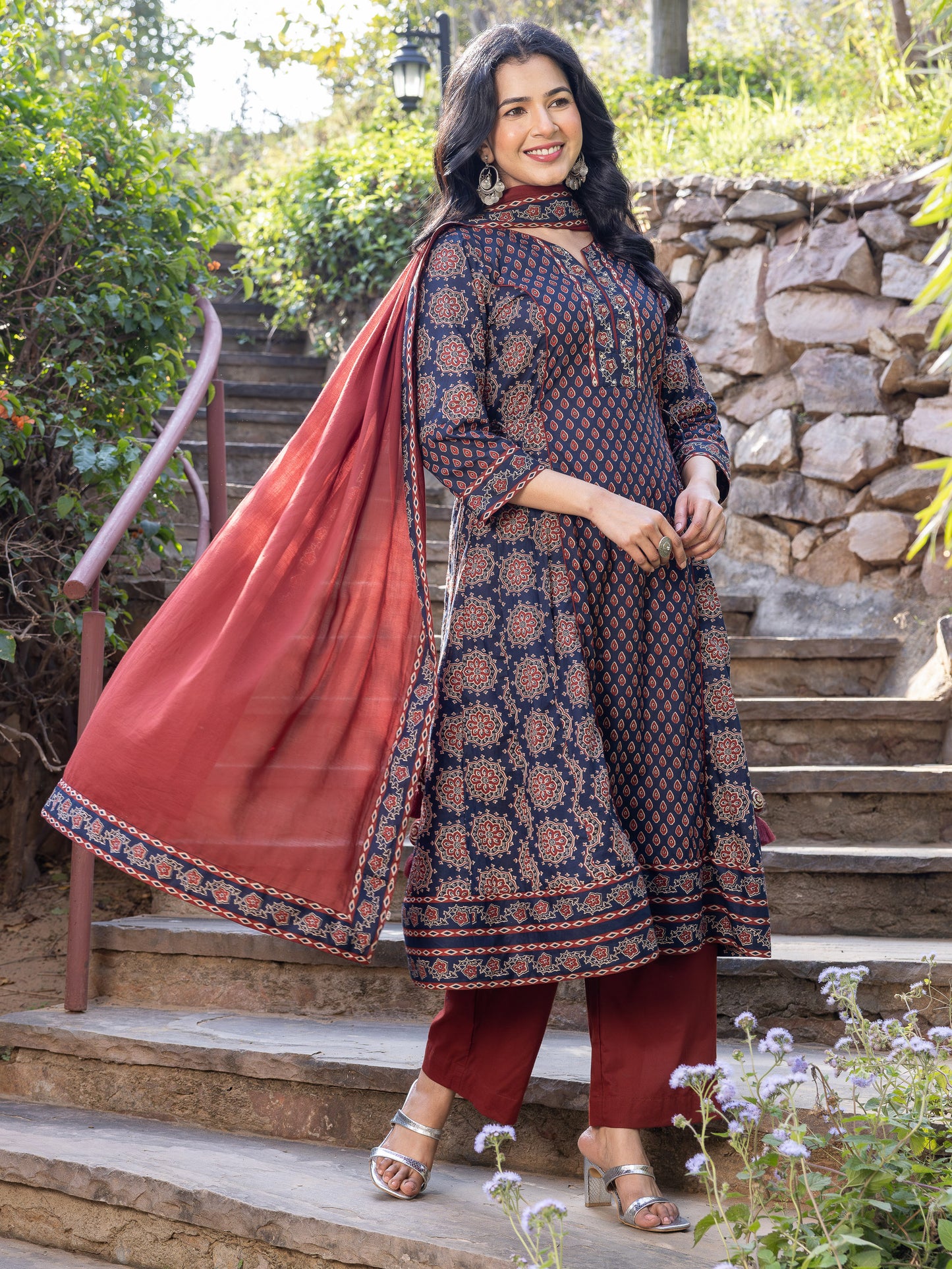 Soft Cotton Geometric A-line Blue Kurta