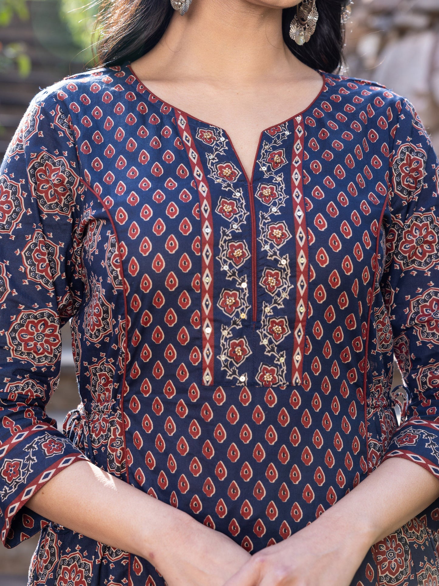 Soft Cotton Geometric A-line Blue Kurta