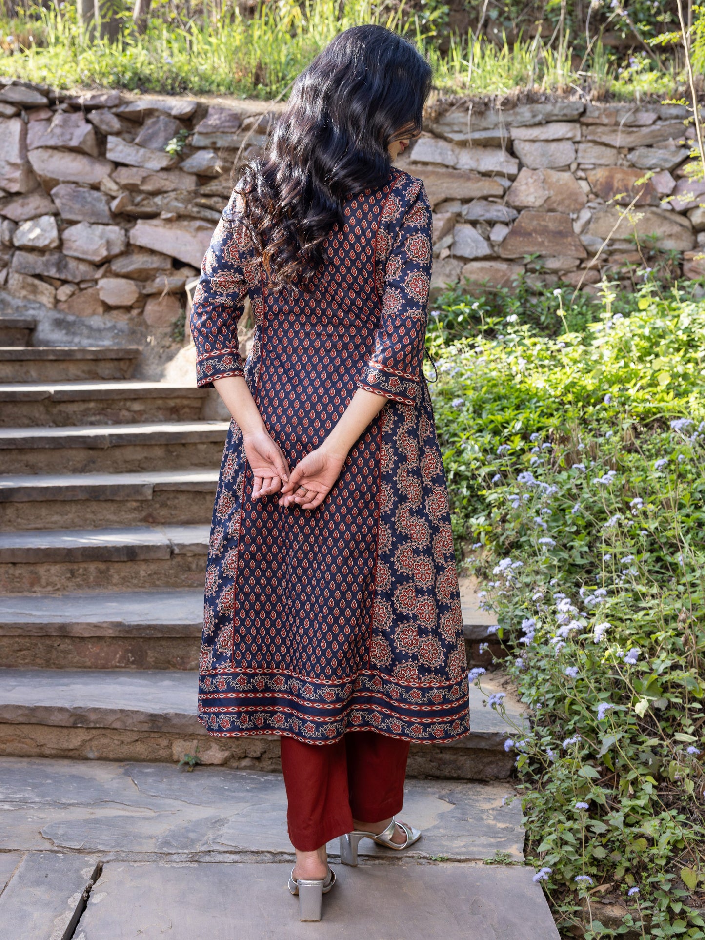 Soft Cotton Geometric A-line Blue Kurta