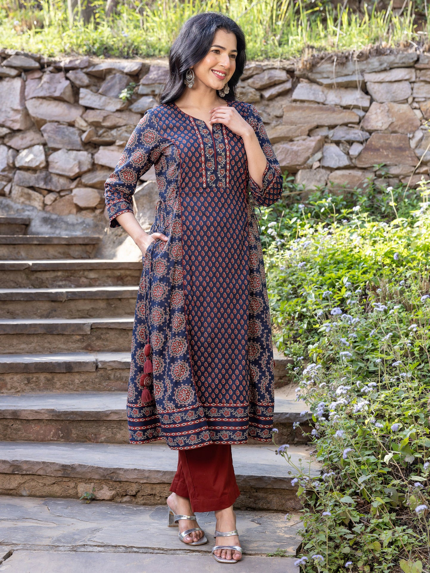 Soft Cotton Geometric A-line Blue Kurta