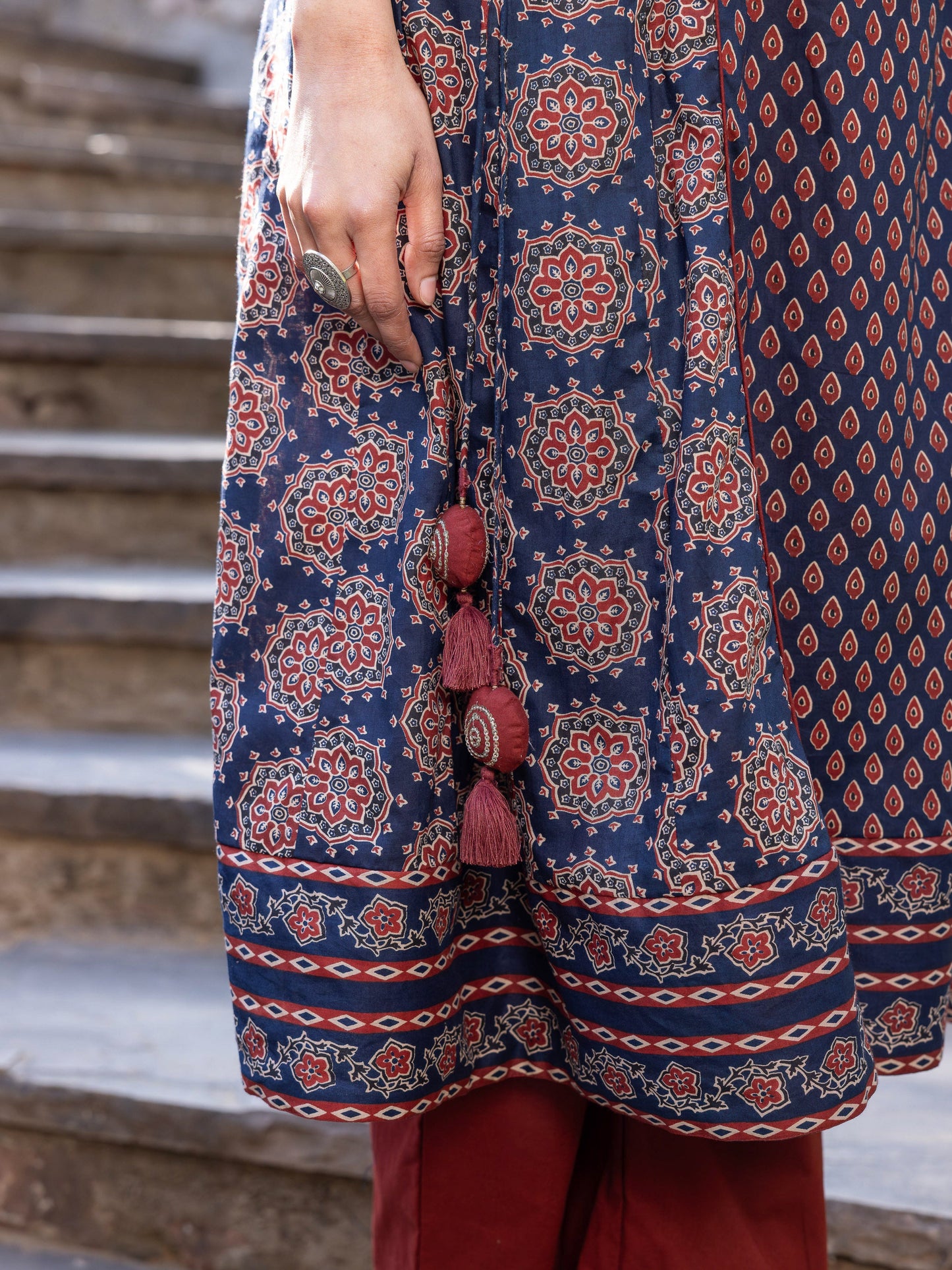 Soft Cotton Geometric A-line Blue Kurta