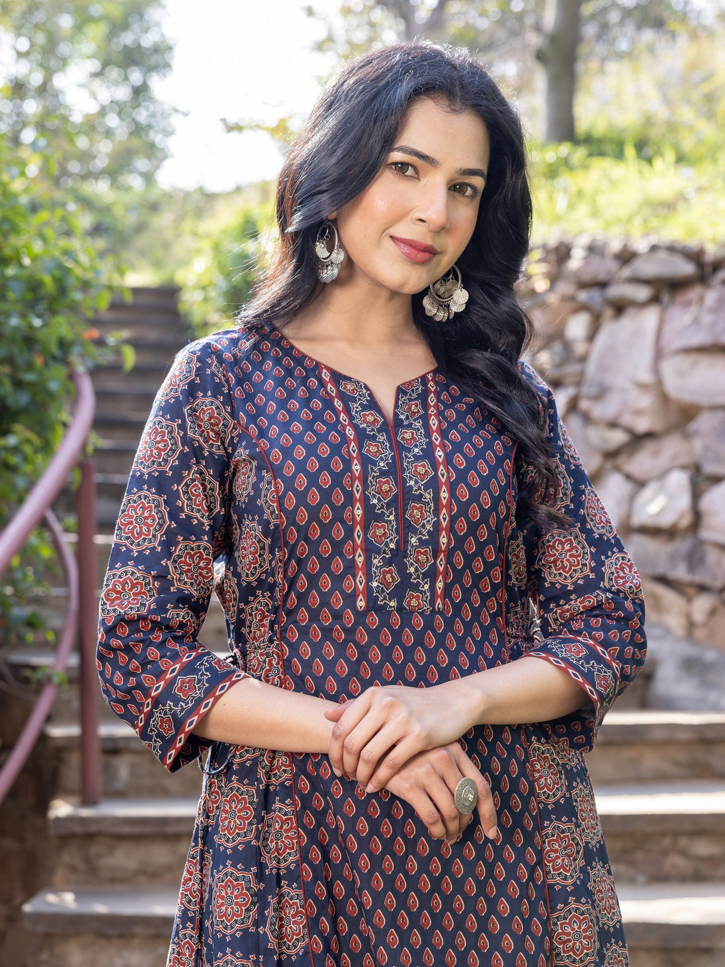 Soft Cotton Geometric A-line Blue Kurta
