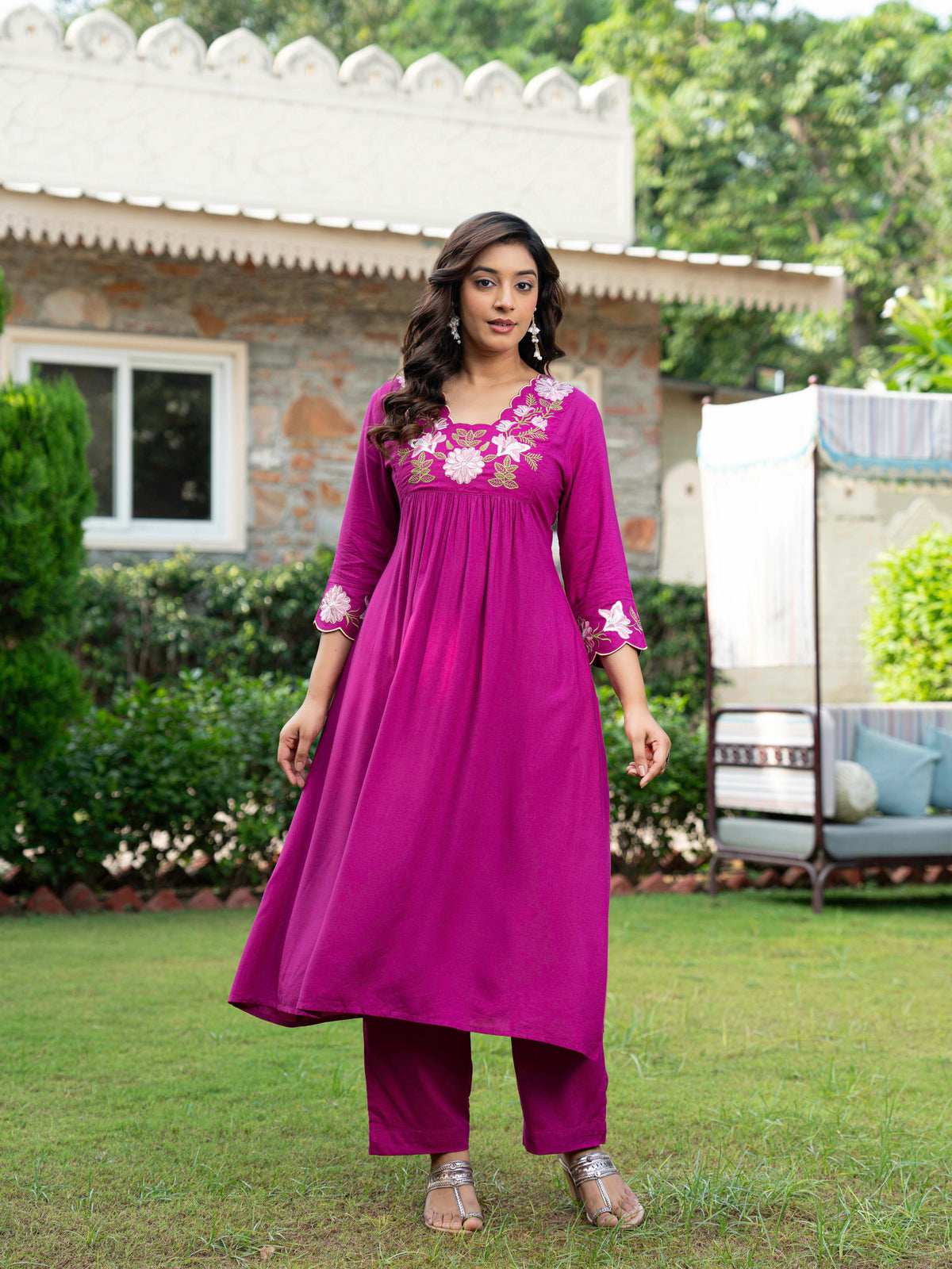 Embroidered Viscose Solid A-Line Violet Kurta